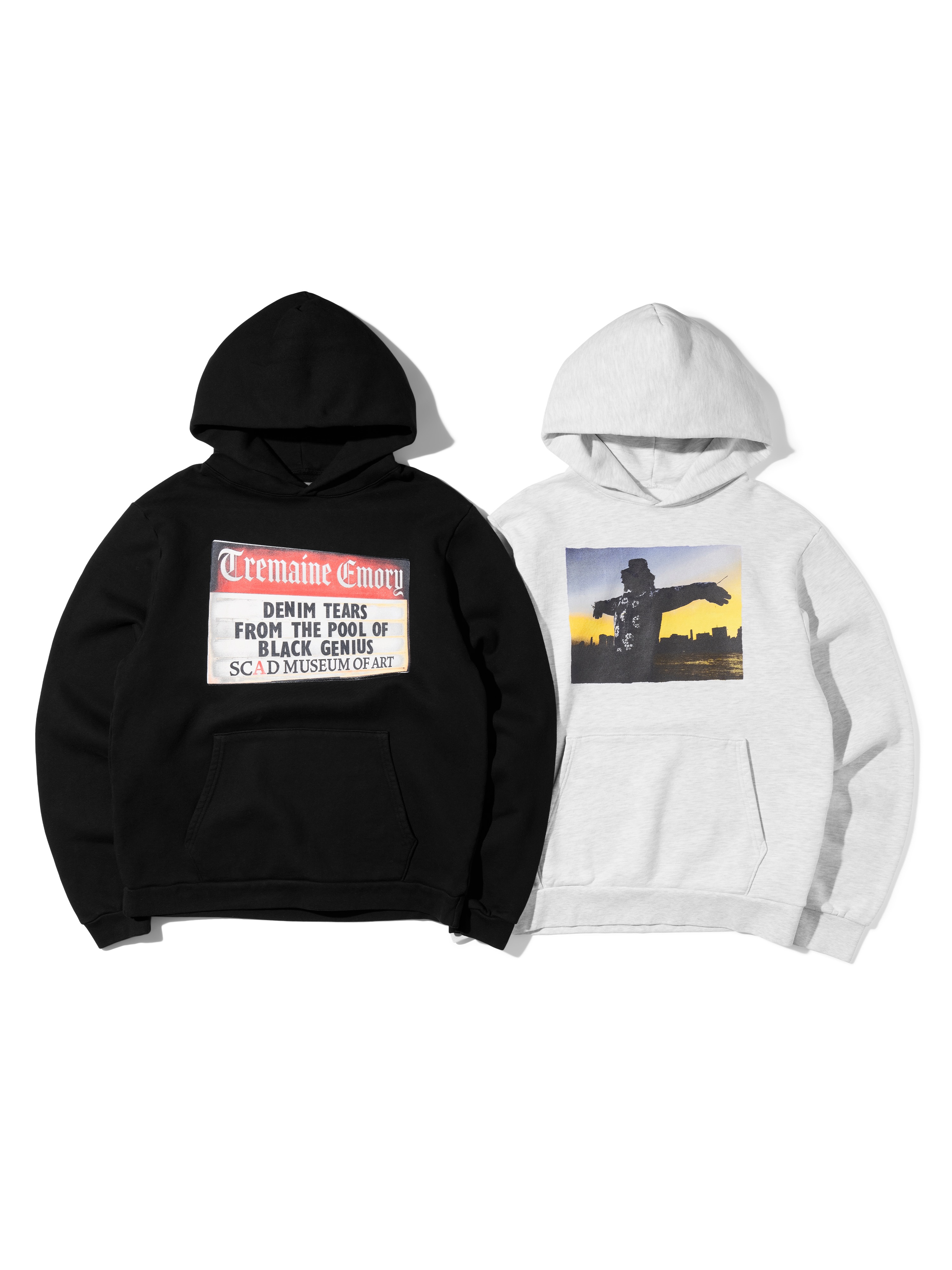 A black Denim Tears hoodie carries the SCAD exhibition’s rectangular graphic.