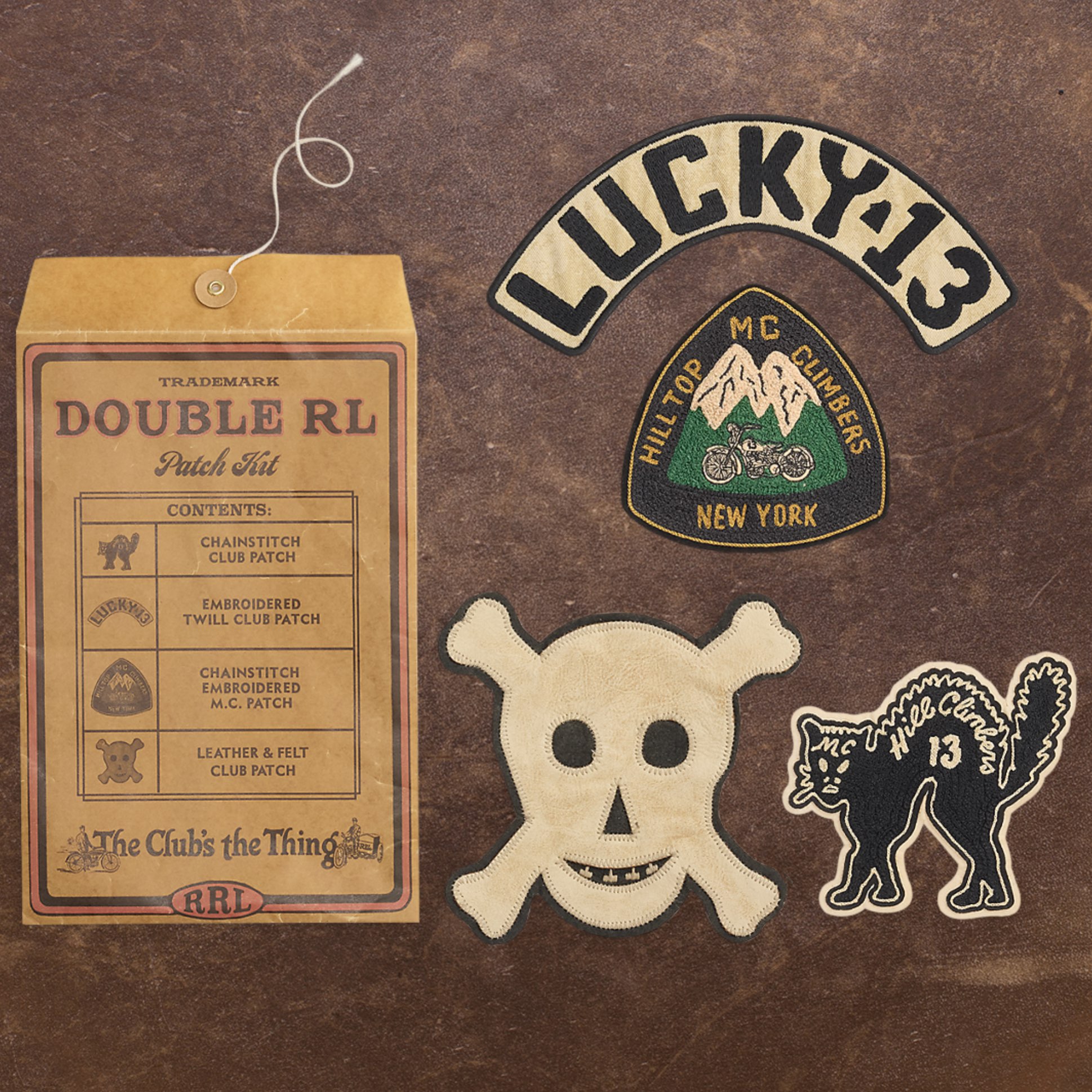 An RRL club patch kit displaying its Double RL branded pennant and logo patches.