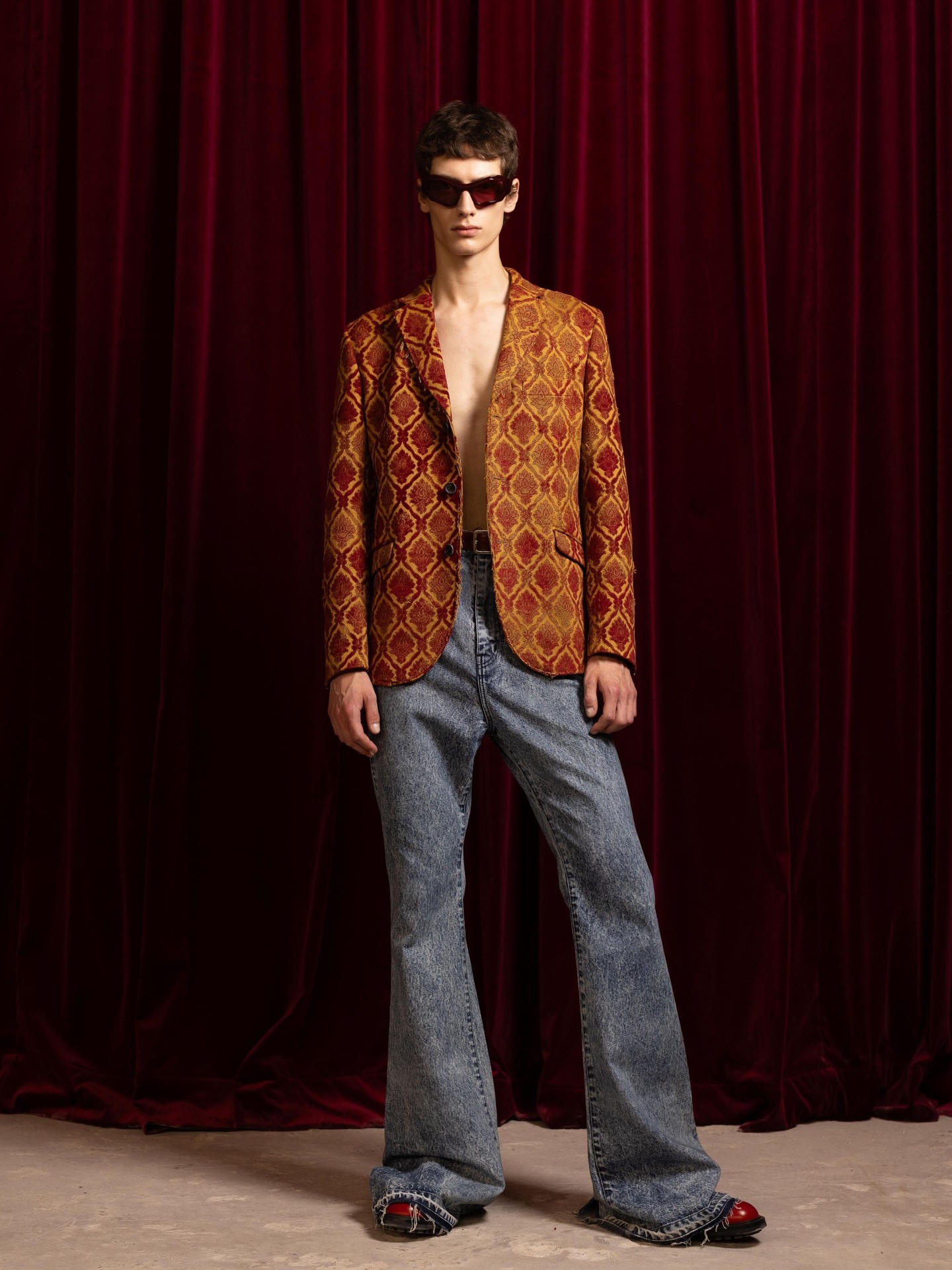 Junya Watanabe MAN SS26 tailored brocade jacket displayed at Dover Street Market Los Angeles.