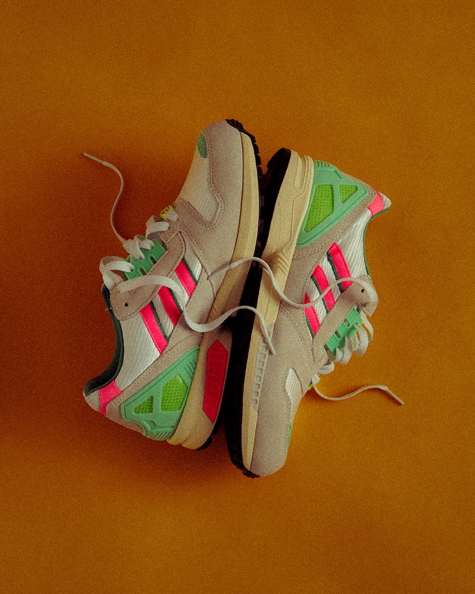 The adidas ZX 8000 MiG sneaker in Ftwr White with Lucid Aquamarine and Powder Yellow accents, sold at END.