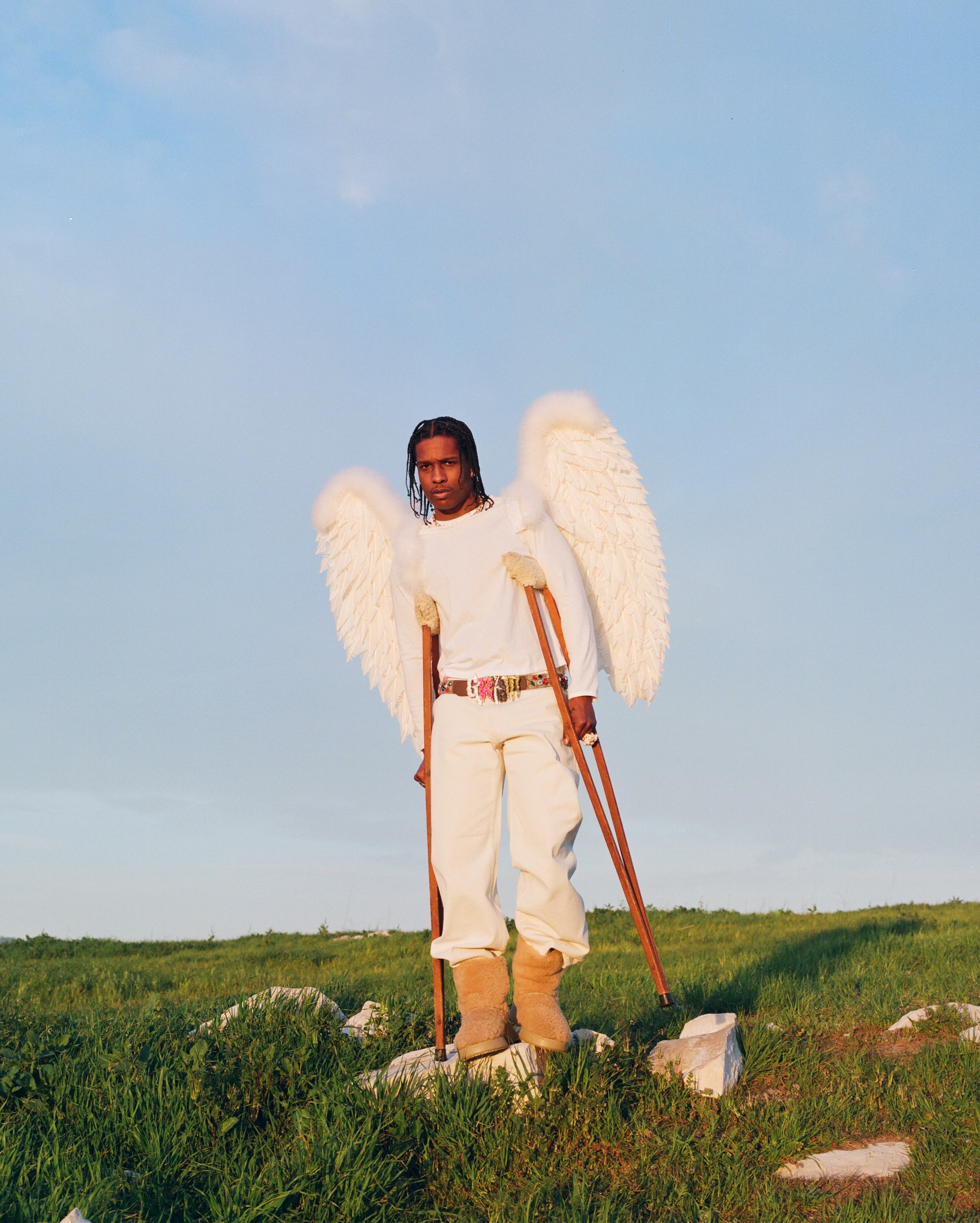 A$AP Rocky in ERL angel wings and a trapper hat for the Shroom Clouds video