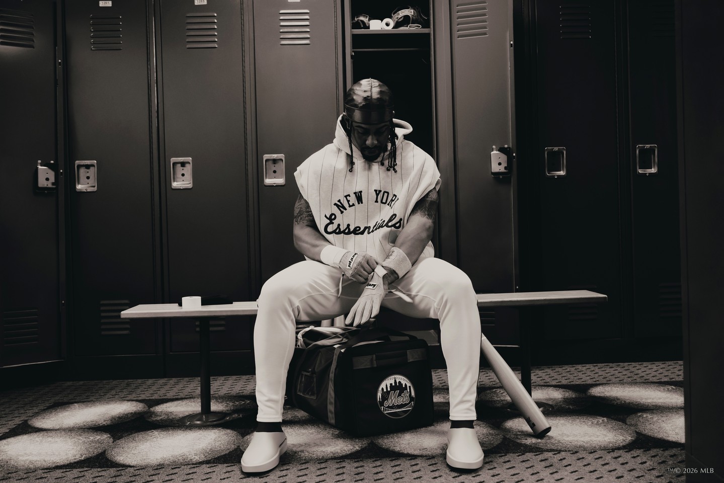 Francisco Lindor wearing Fear of God ESSENTIALS MLB apparel with New York Mets branding