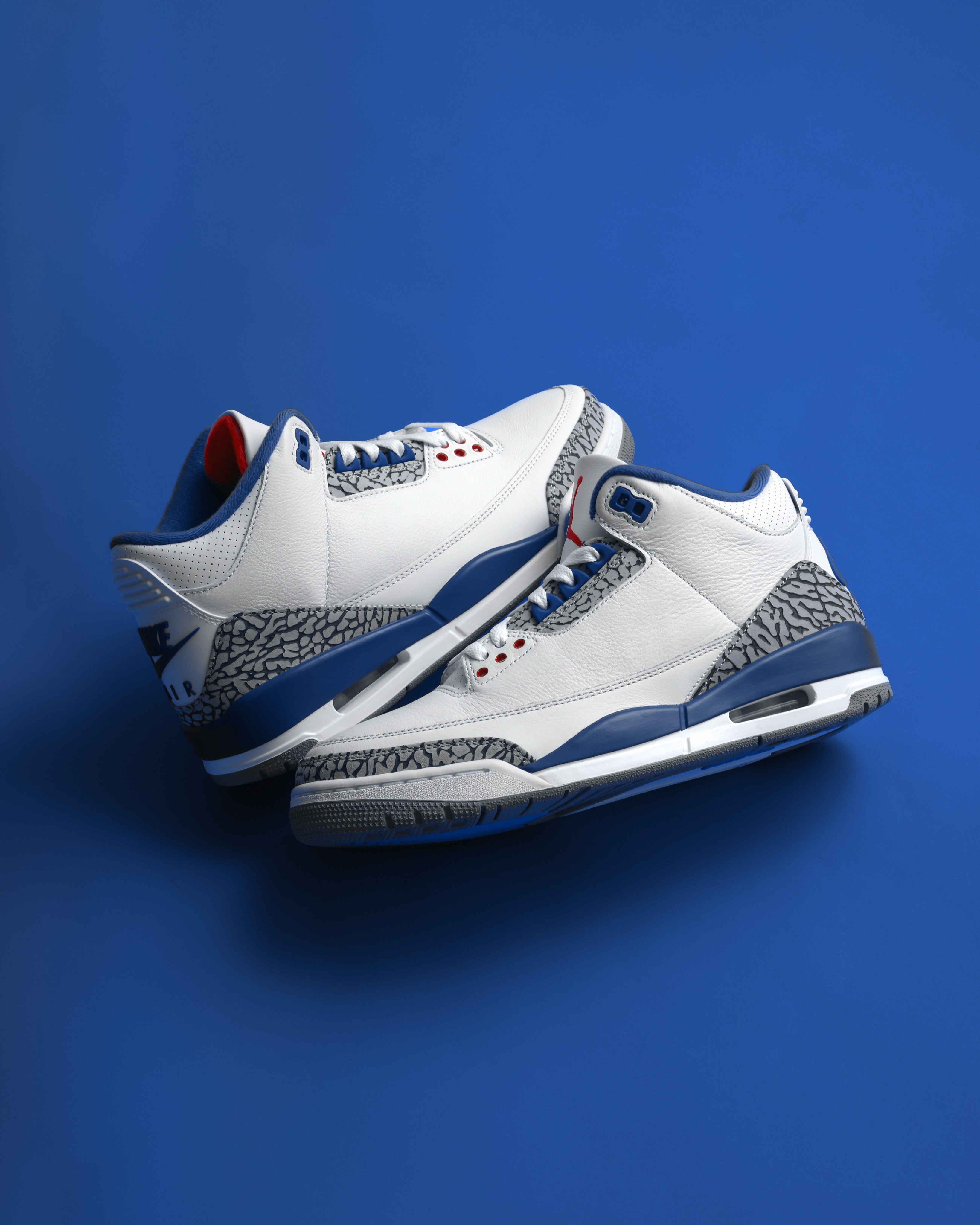 The Air Jordan 3 Retro True Blue sneaker in white leather with grey elephant print and blue accents.