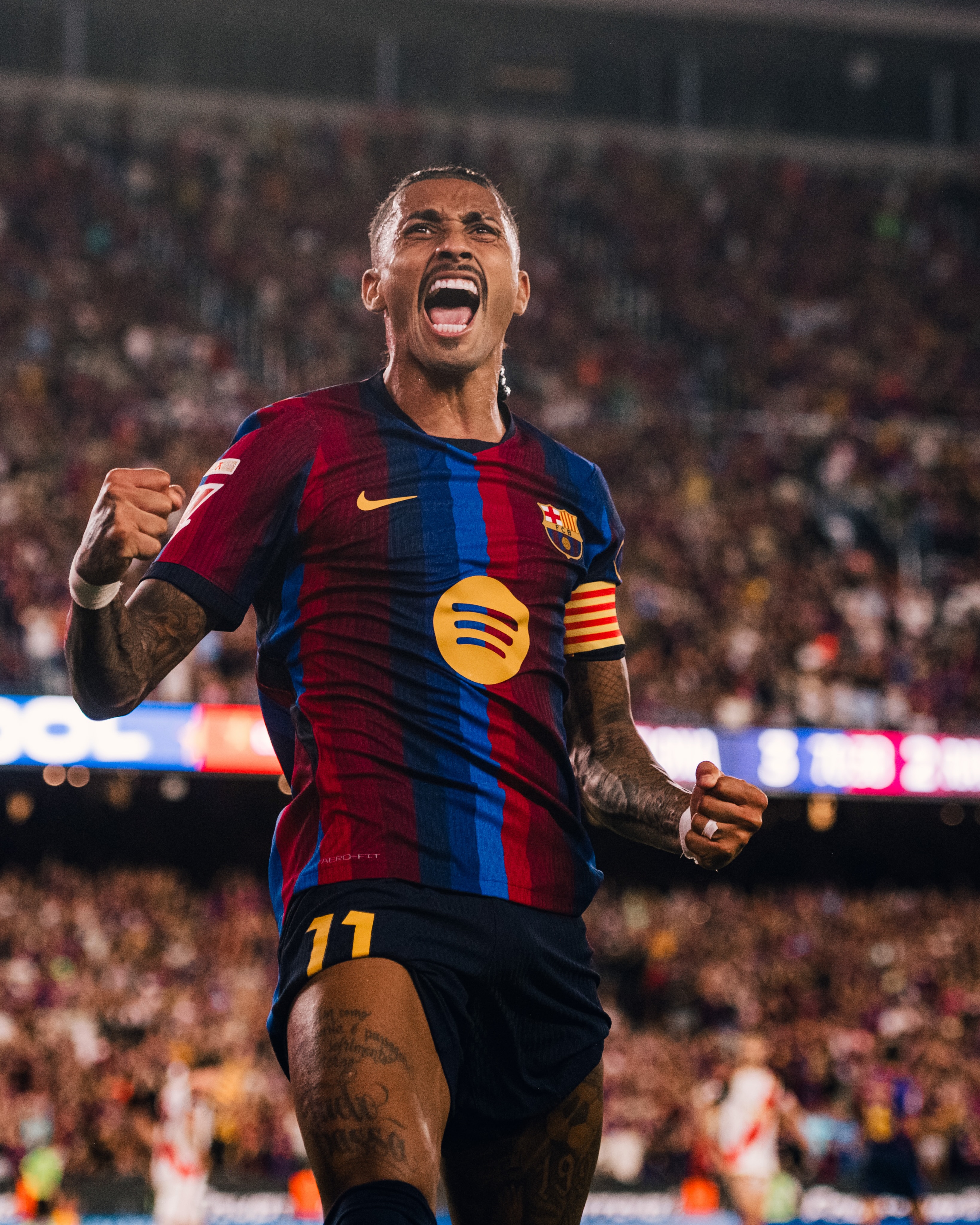 Raphinha celebrates after scoring for FC Barcelona in LaLiga