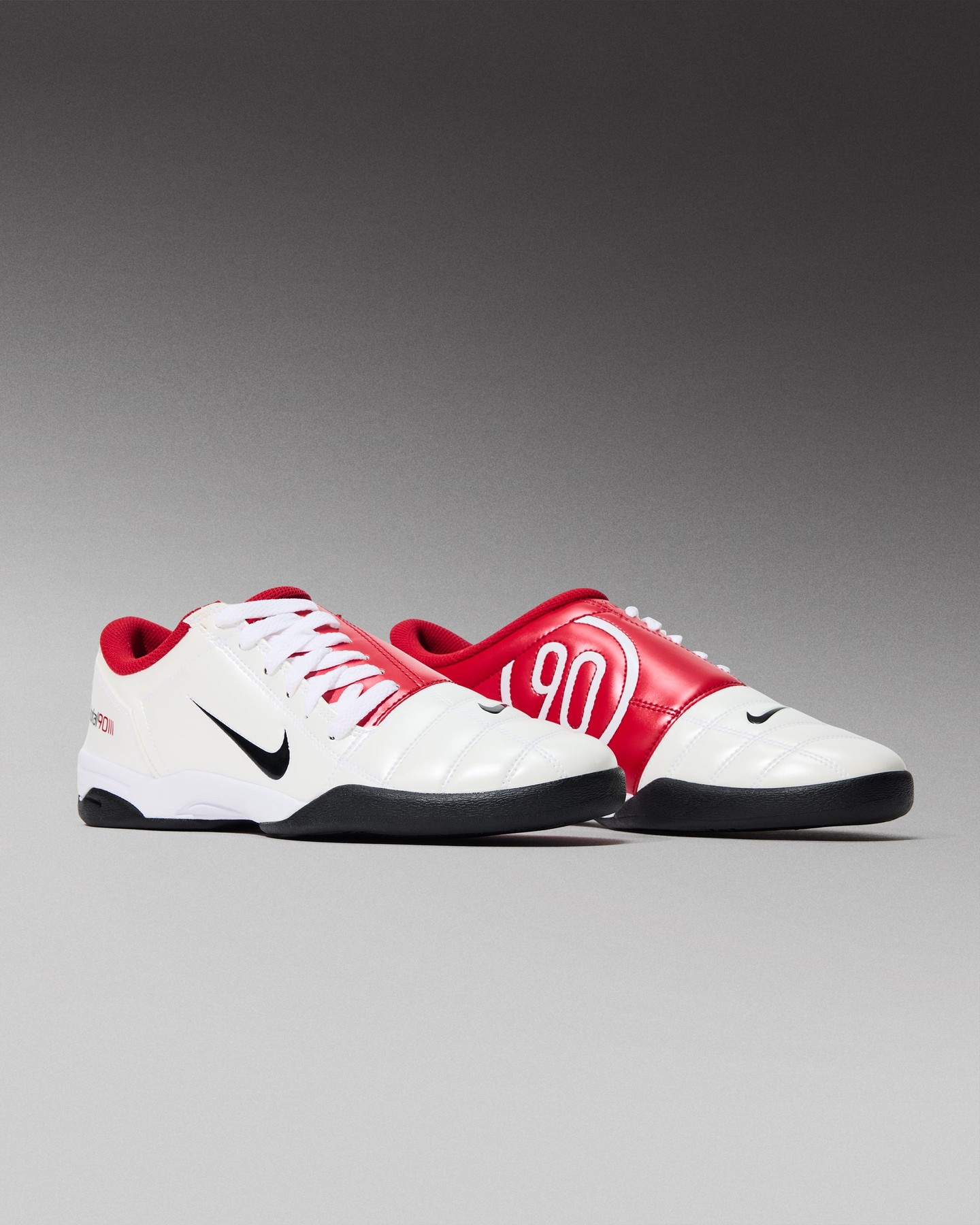 A Nike Total 90 3 SP White Gym Red sneaker with white leather lateral panel, gym red medial overlay and collar, quilted forefoot paneling, and a flat black rubber outsole.