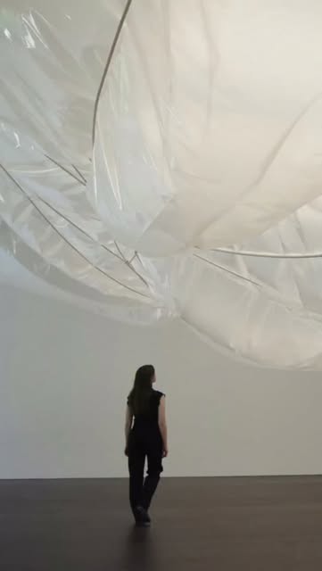 Christo's internally illuminated Air Package on a Ceiling installation suspended inside Gagosian, Grosvenor Hill, London.