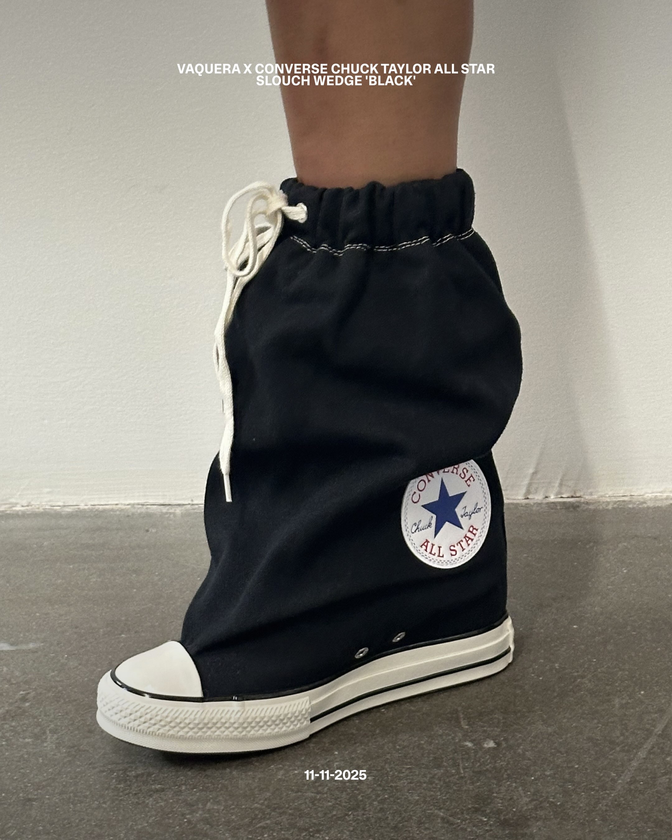 A knee high waxed canvas Chuck Taylor All Star boot with a hidden wedge heel and a Vaquera branded ankle patch, from the Converse x Vaquera collaboration.