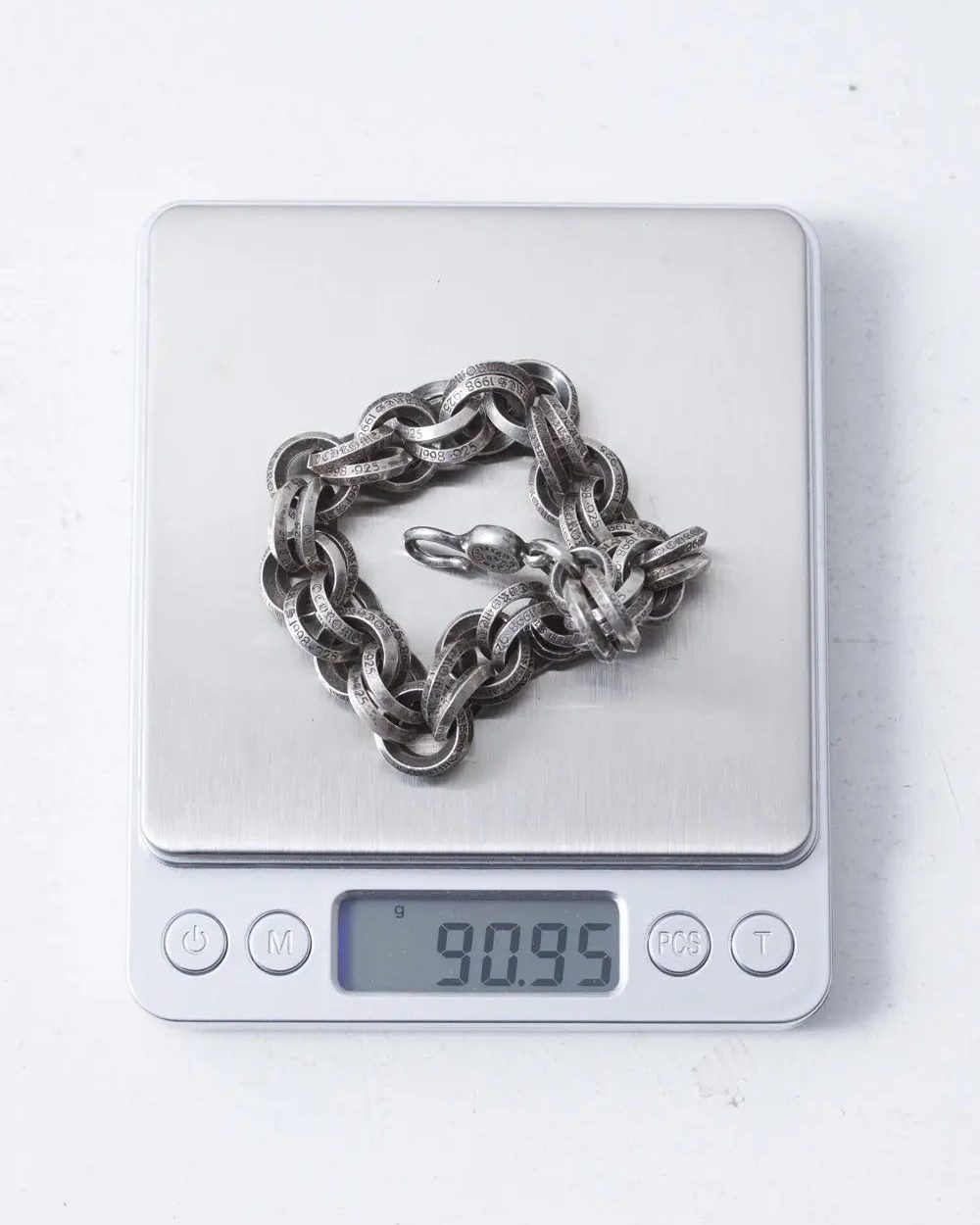 A Chrome Hearts B Ring Bracelet in sterling silver, shown in a Grailed resale listing photo.