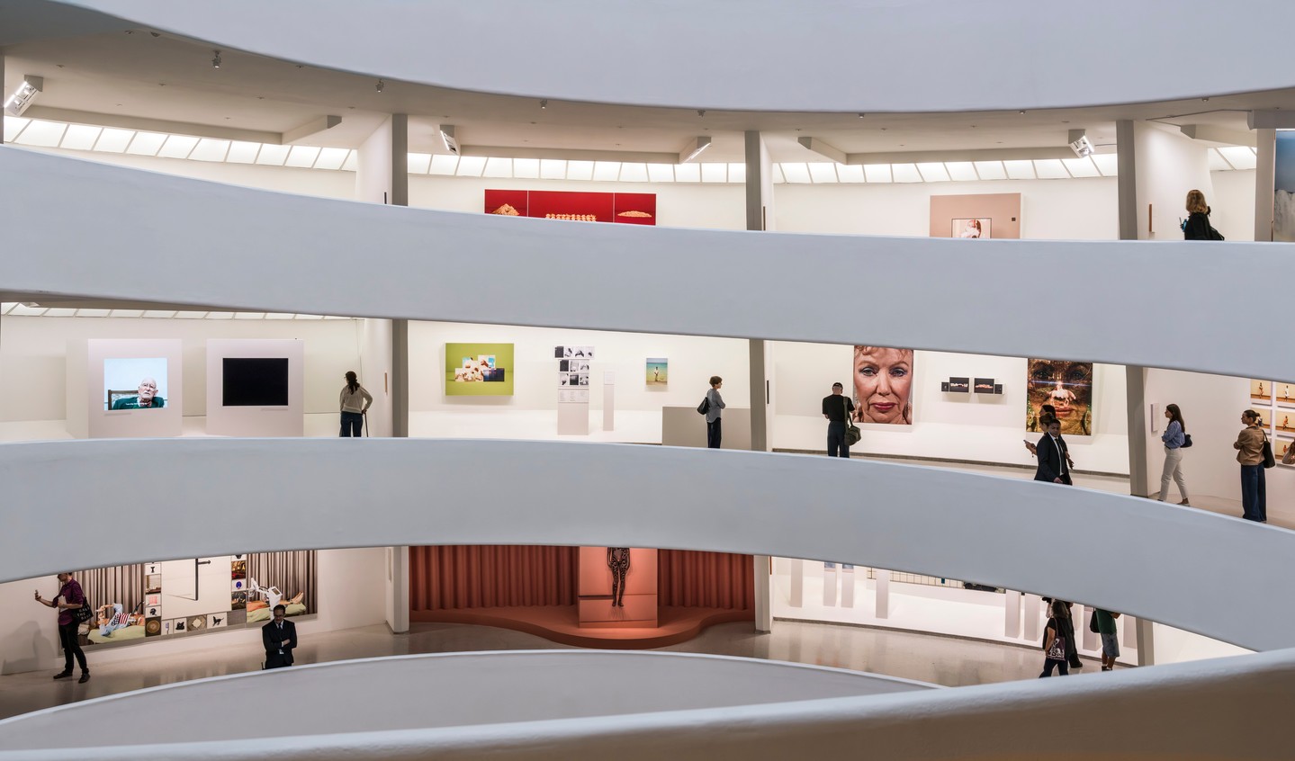 Taryn Simon's framed works and screens installed along the Guggenheim rotunda, photographed by David Heald.