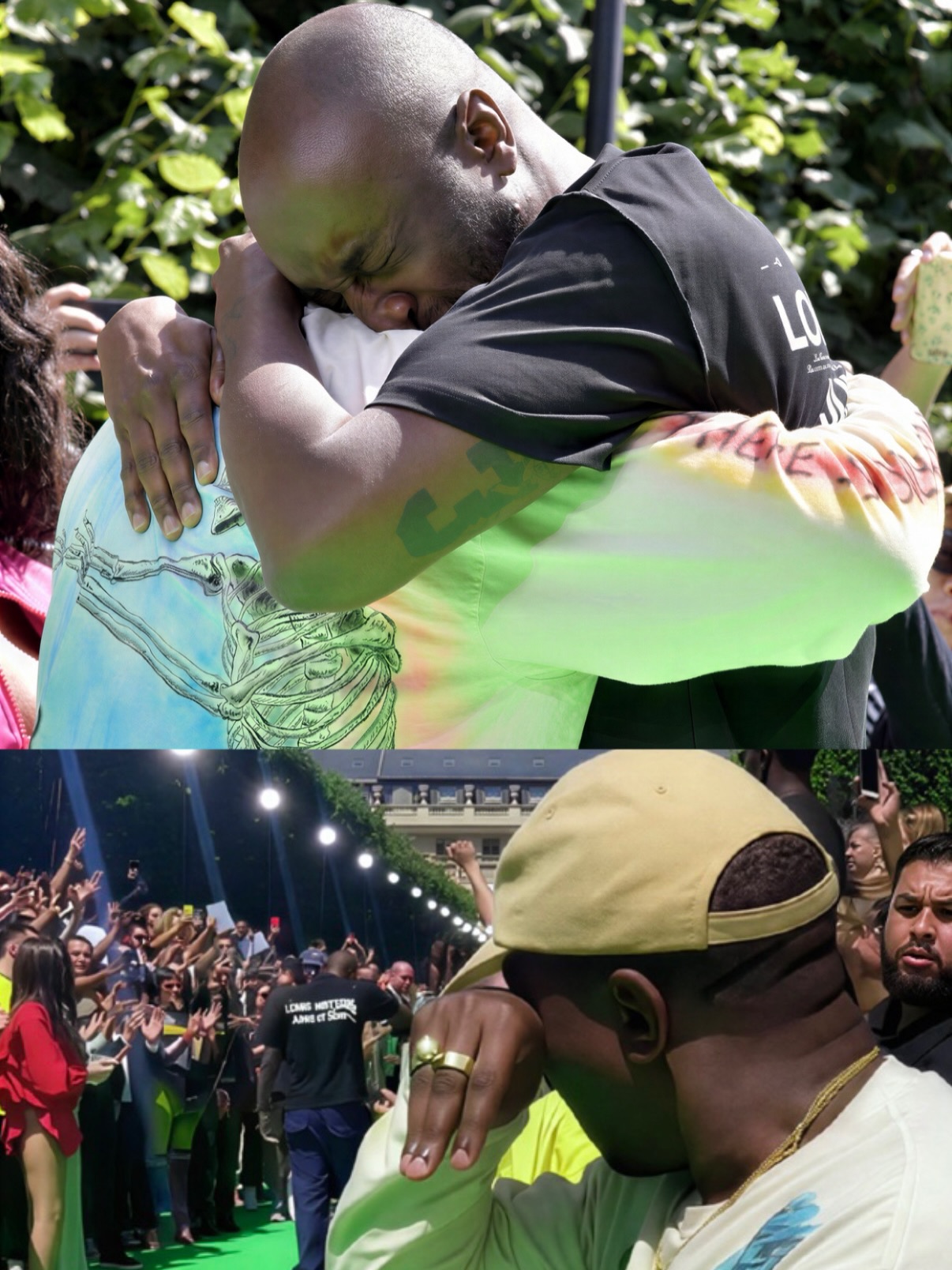 Virgil Abloh and Kanye West embracing after the Louis Vuitton debut show in 2018
