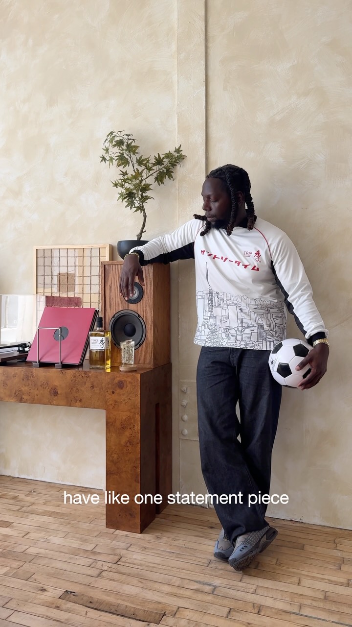 A styled look featuring the limited edition Toki Suntory Whisky soccer jersey ahead of the Hypebeast Cup
