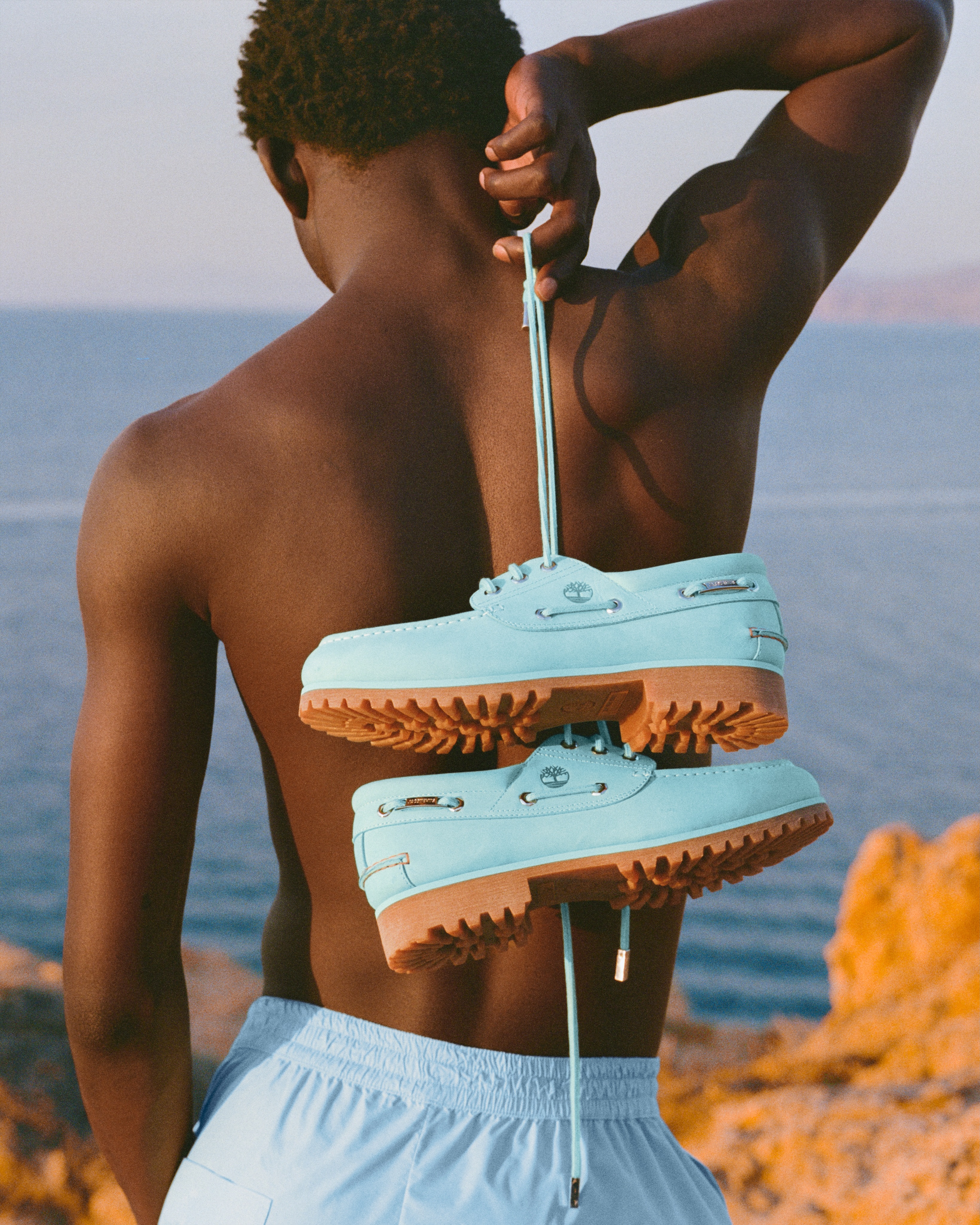 The Timberland x Jacquemus Lagoon Blue 3 Eye Lug Boat Shoe from the brand's July 2026 release announcement.