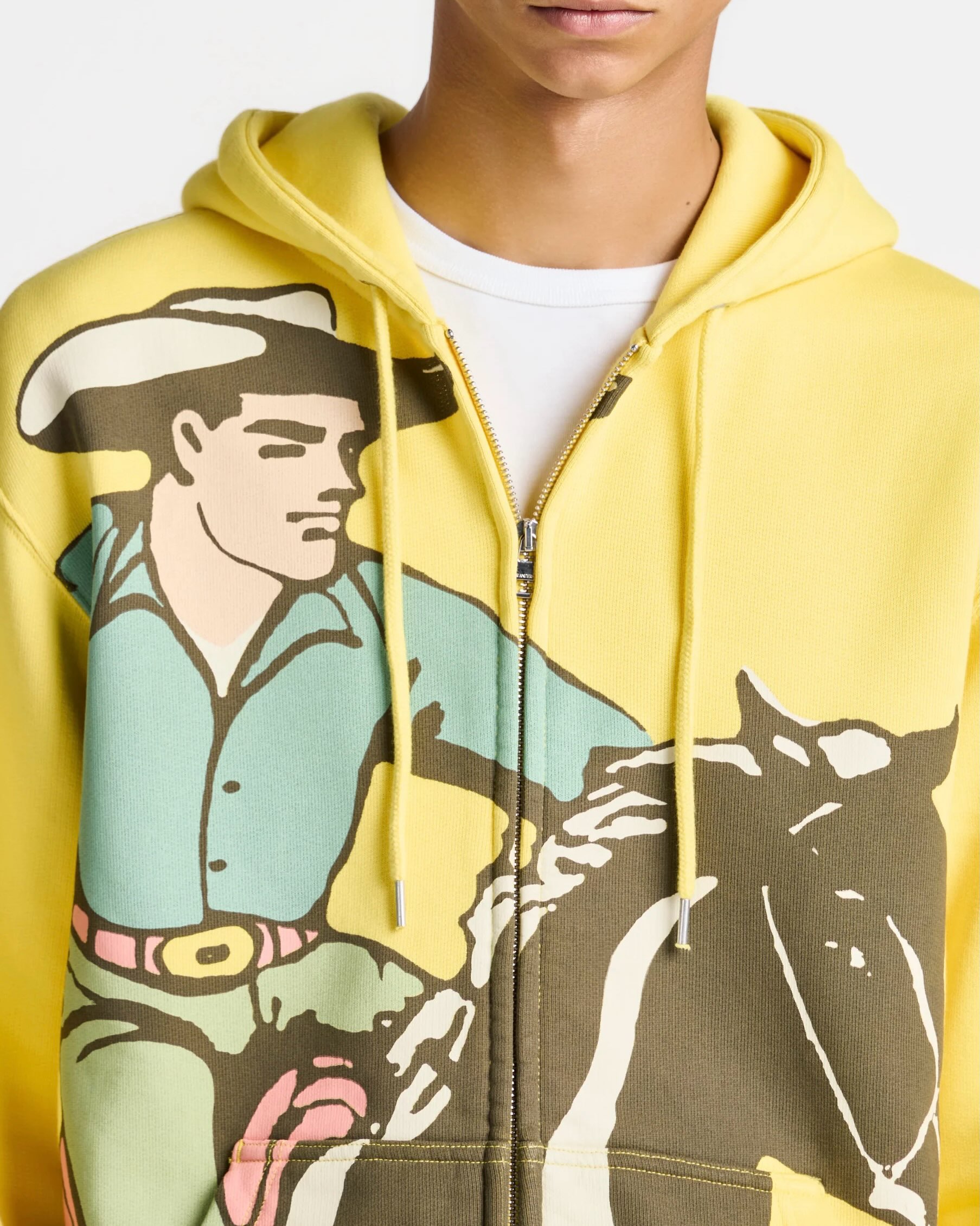 JW Anderson Cowboys and Gardeners lemon jersey hoodie with a screen printed cowboy graphic