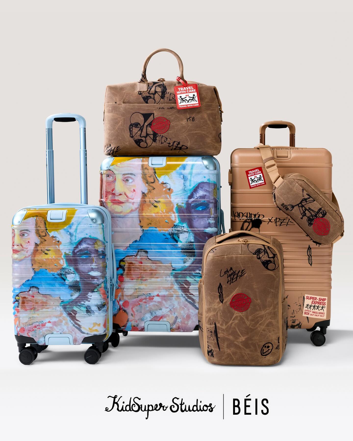 A piece from the Béis x KidSuper luggage collection featuring Colm Dillane's Graffiti Cargo artwork.