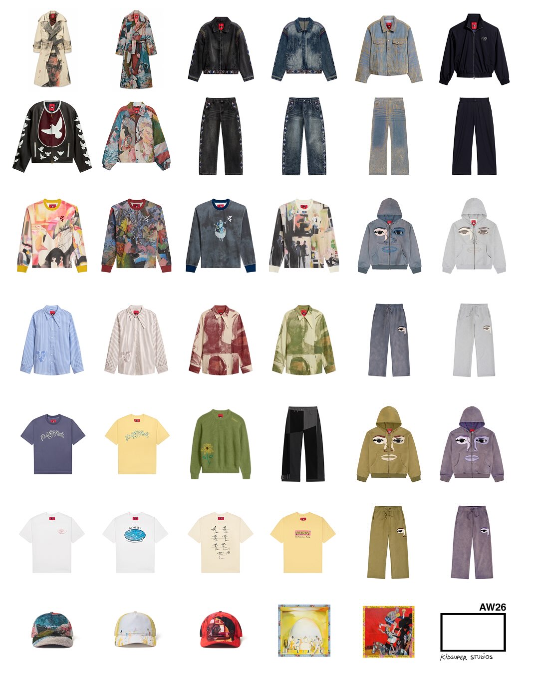 KidSuper's Outside the Box collection one, showing thermals, a leather jacket and a run of hats.
