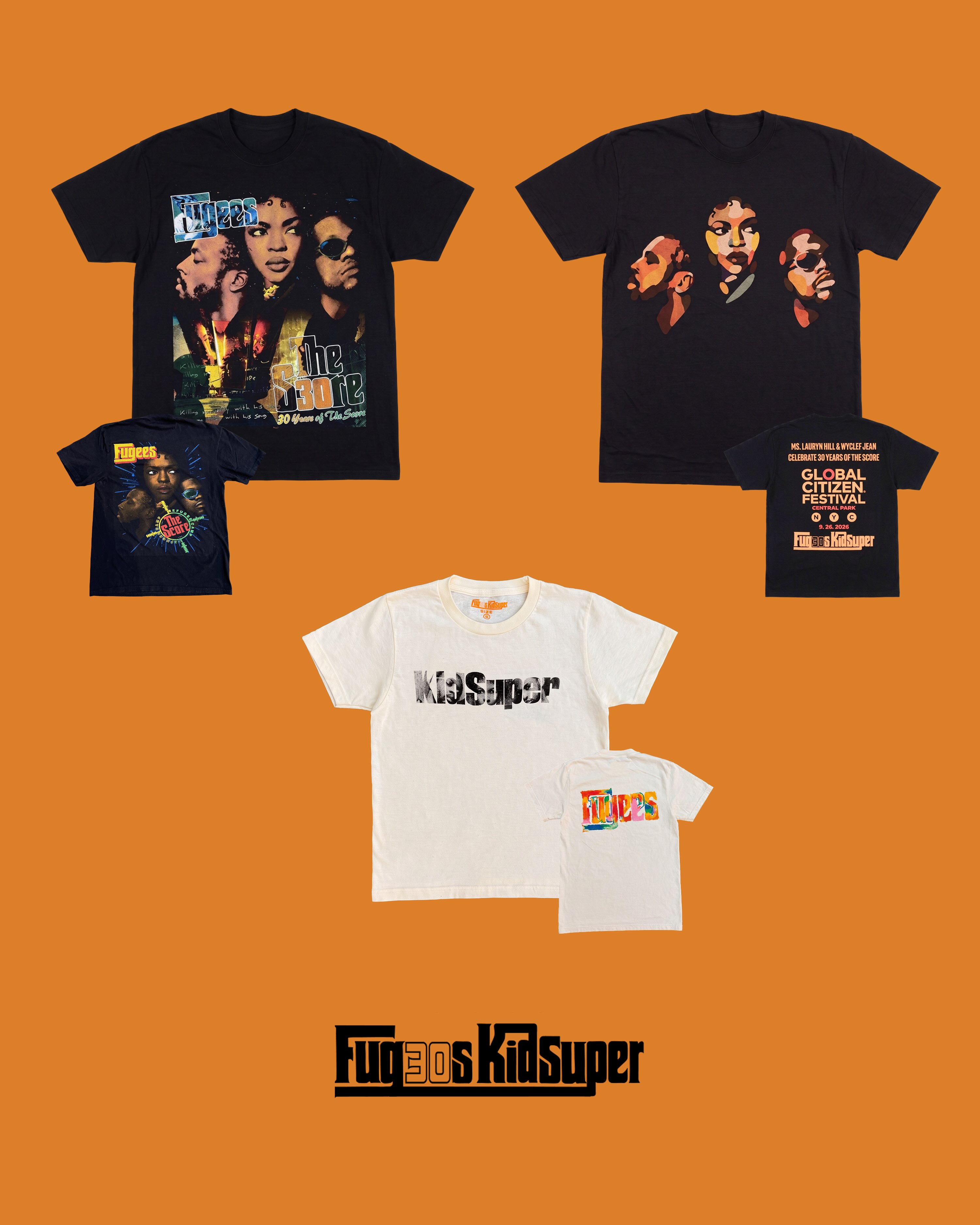 KidSuper x Fugees graphic tees show group portraits against an orange background.
