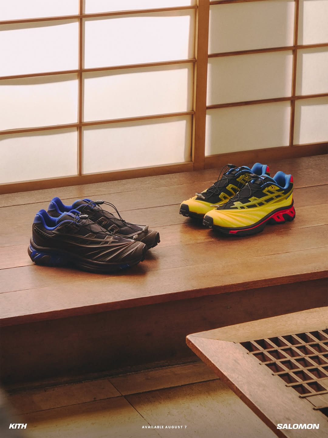 The Kith x Salomon XT EVO sneaker in a black, yellow, red and blue colorway with a molded TPU shell upper.