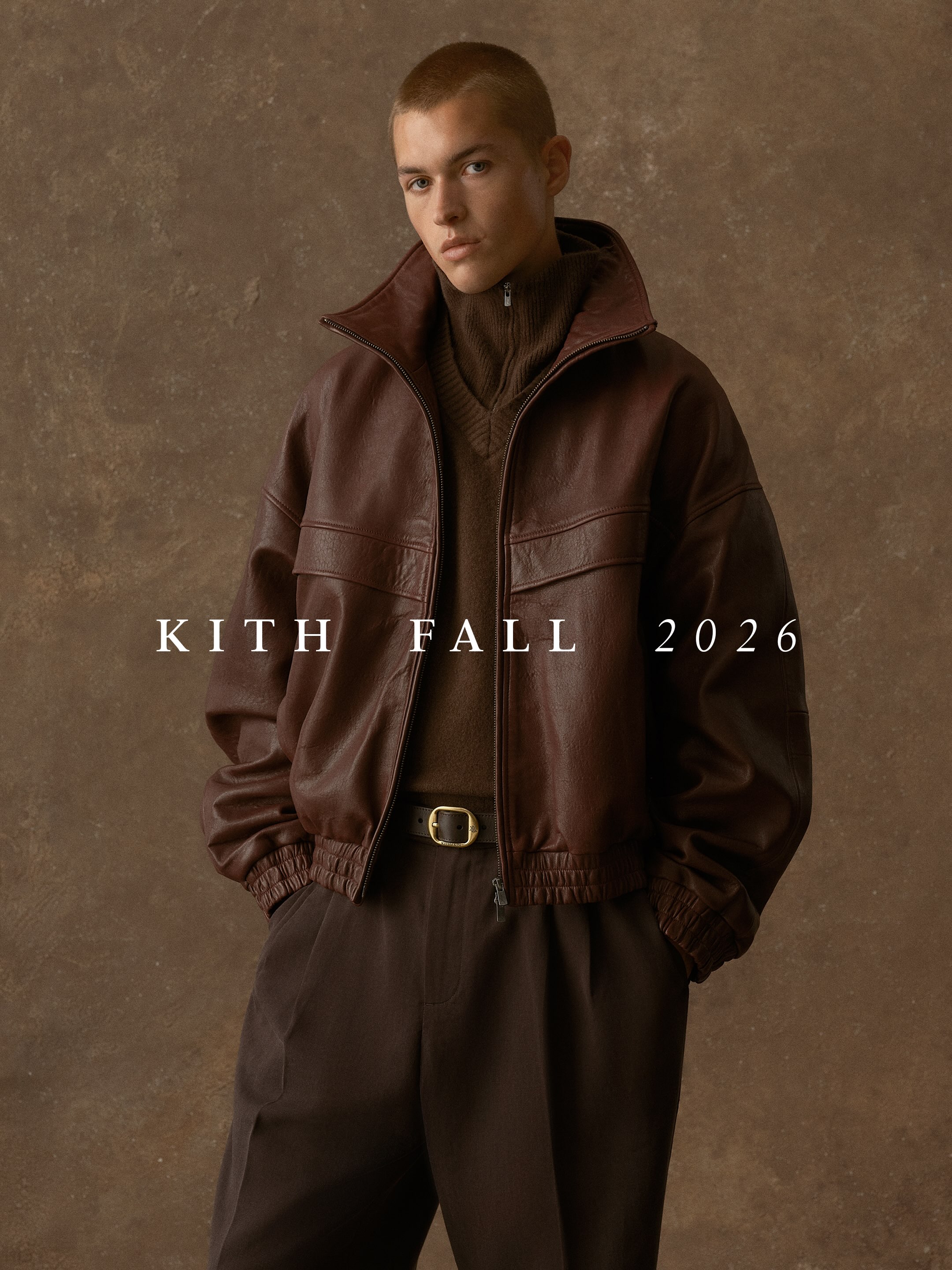 Models wearing Kith Fall 2026 collection pieces including the Needles collaboration tracksuit