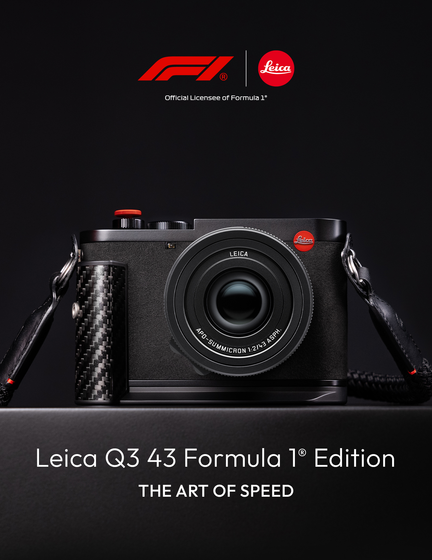 The Leica Q3 43 Formula 1 Edition camera with carbon fibre details and F1 branding