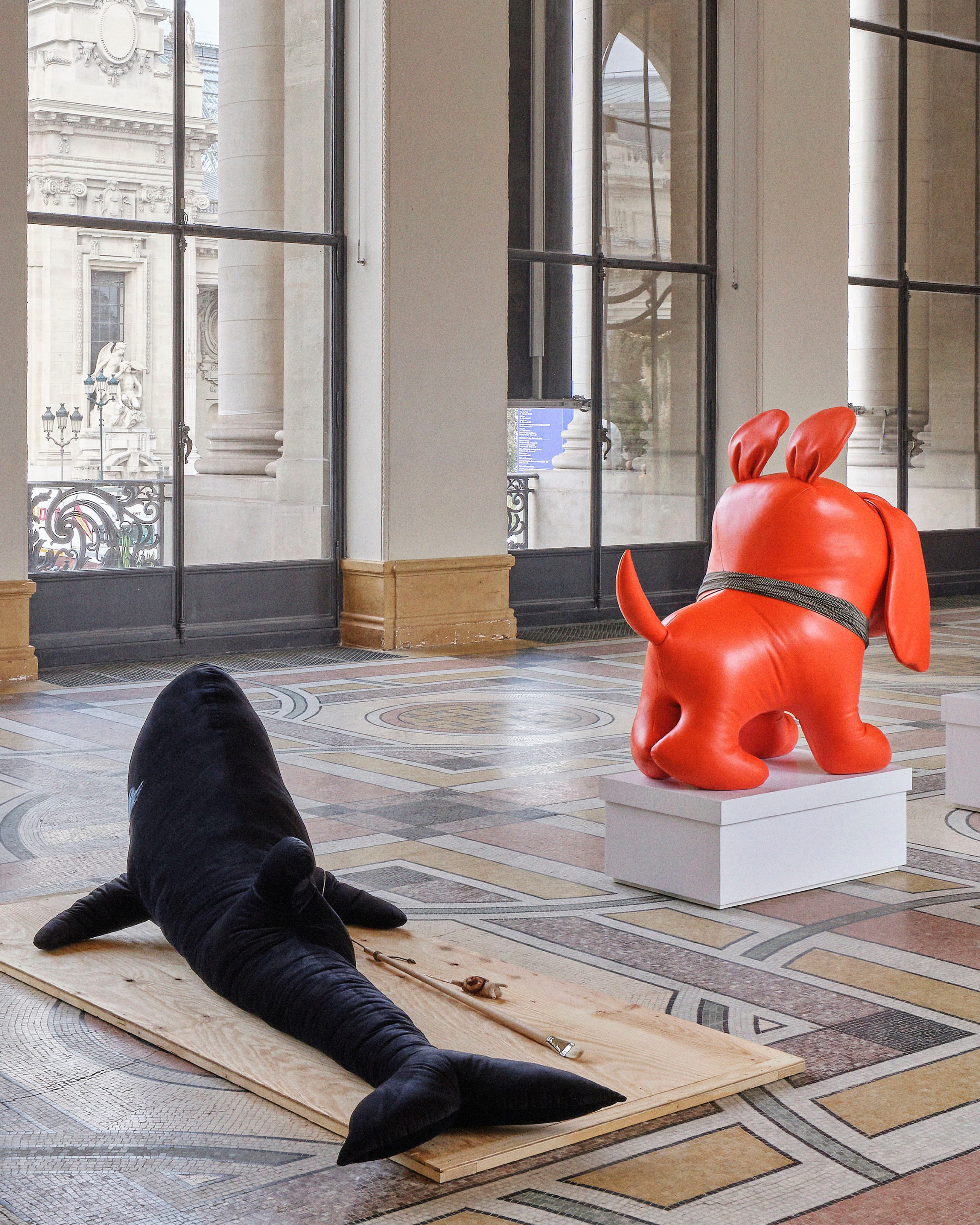 Plush animal sculptures by Cosima von Bonin installed at the Petit Palais for Loewe