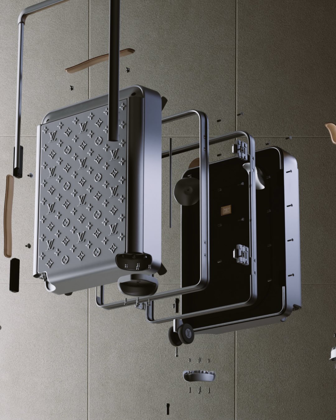 Louis Vuitton Horizon Aluminium components float apart in an exploded suitcase view.