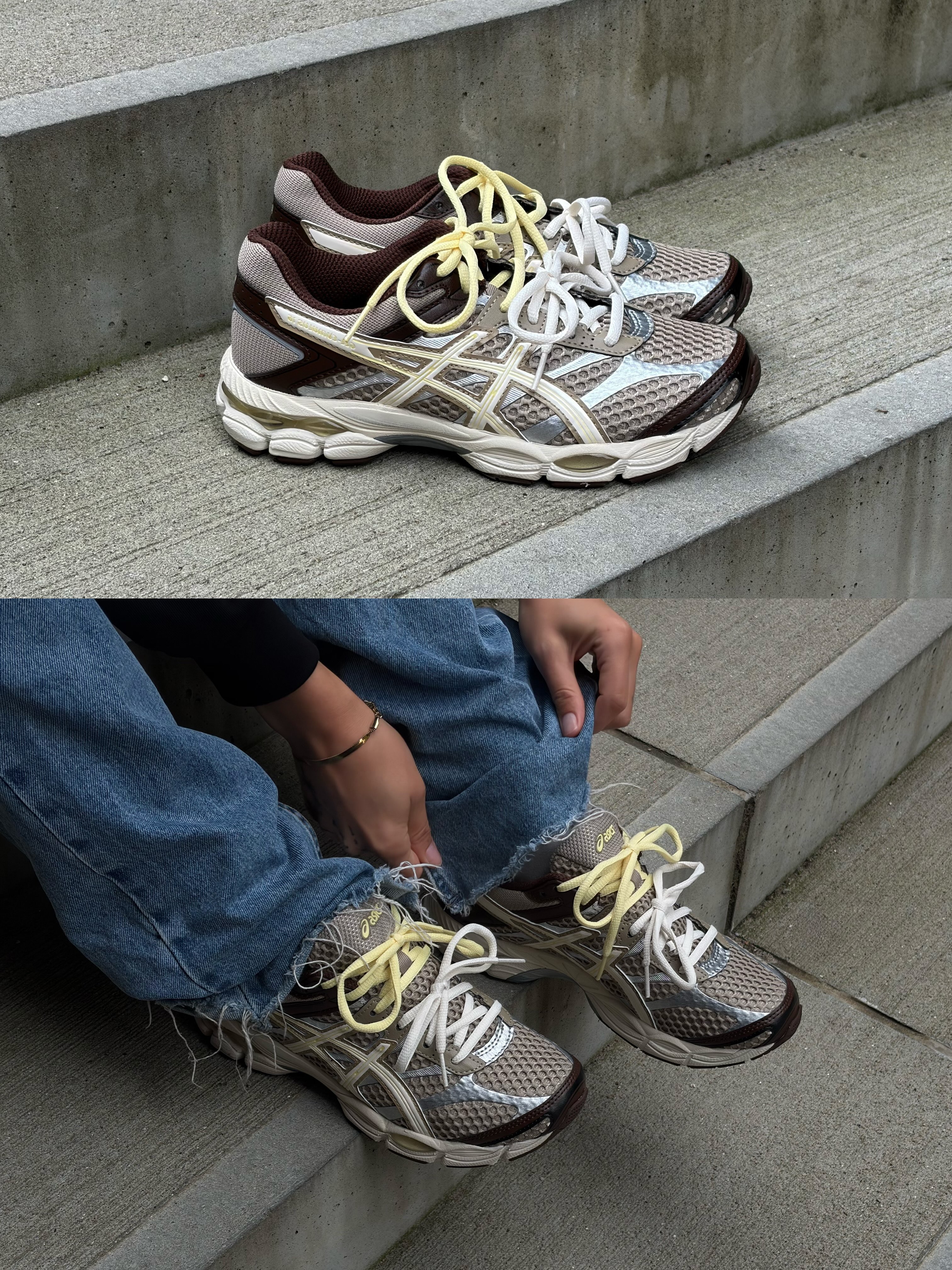 Brown and silver ASICS GEL Cumulus 16 shoes with pale yellow laces sit on concrete steps.