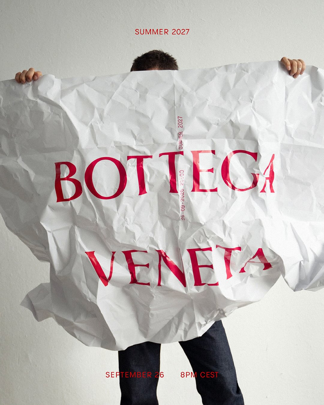 Bottega Veneta's Summer 2027 show announcement for creative director Louise Trotter.