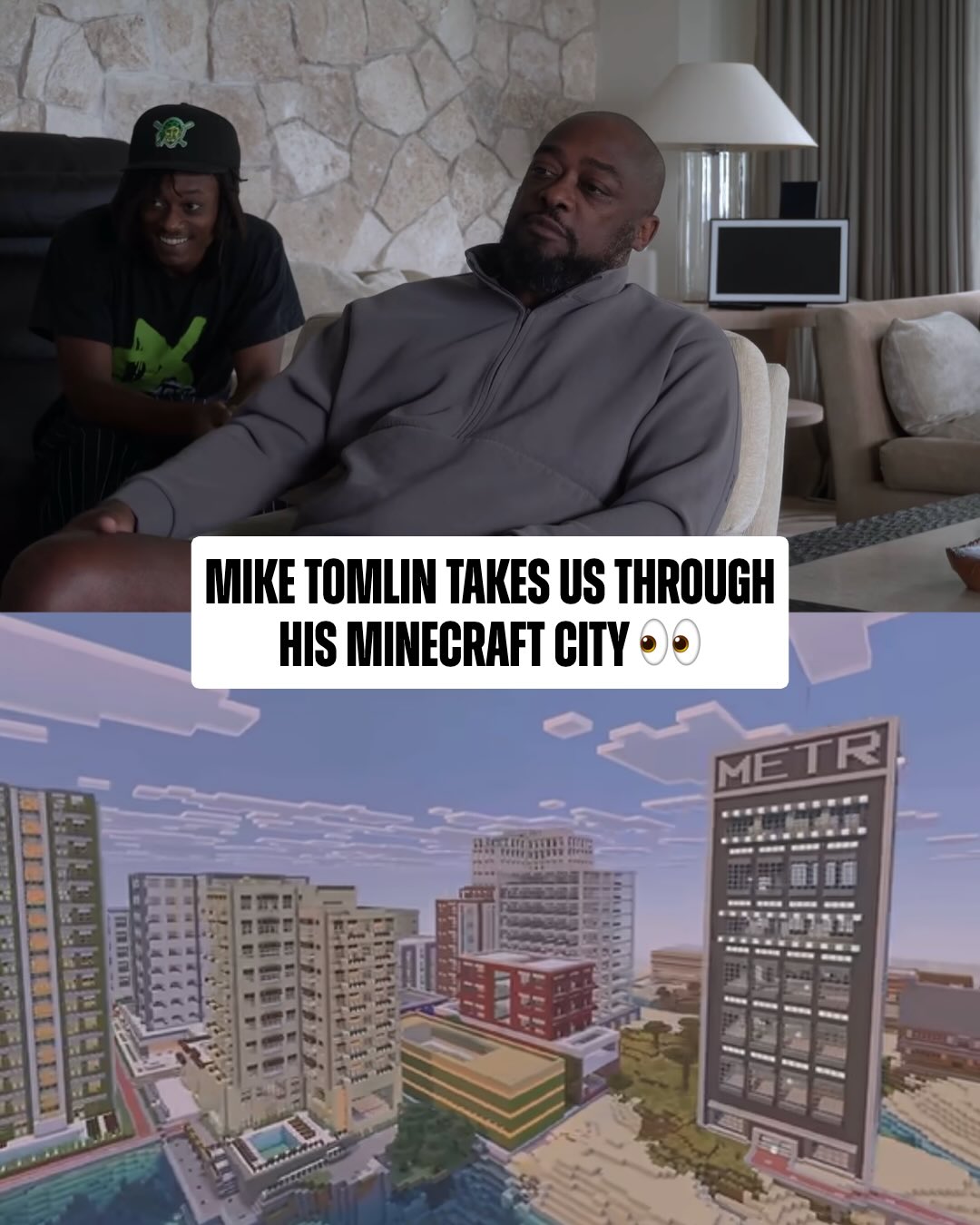 Mike Tomlin in a frame from his YouTube video touring his Minecraft city