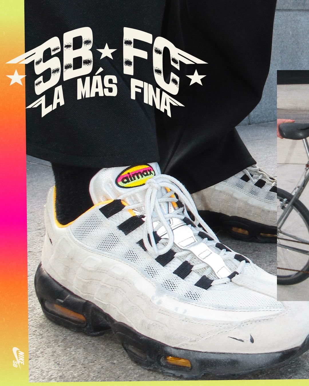A Nike SB FC Pack jersey and Air Max 95 sneaker from the Cumbia inspired World Cup collection