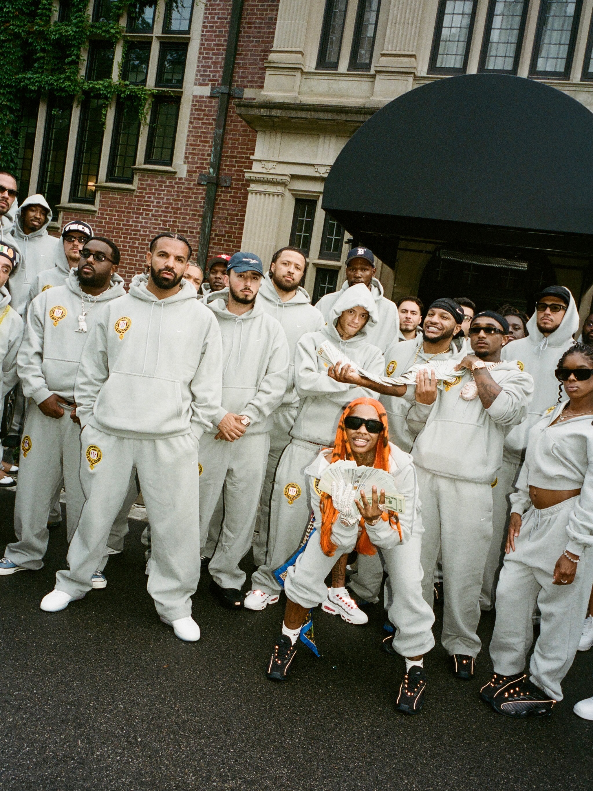 Nike Sportswear fleece sweatsuit pieces from the Studio Fleece and Solo Fleece lines, shot for the brand's NOCTA Manor campaign post.