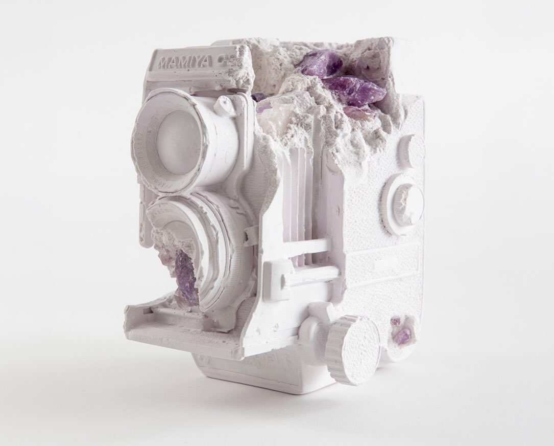 Daniel Arsham eroded mineral camera sculpture on display at Perrotin London for the Time Fold exhibition