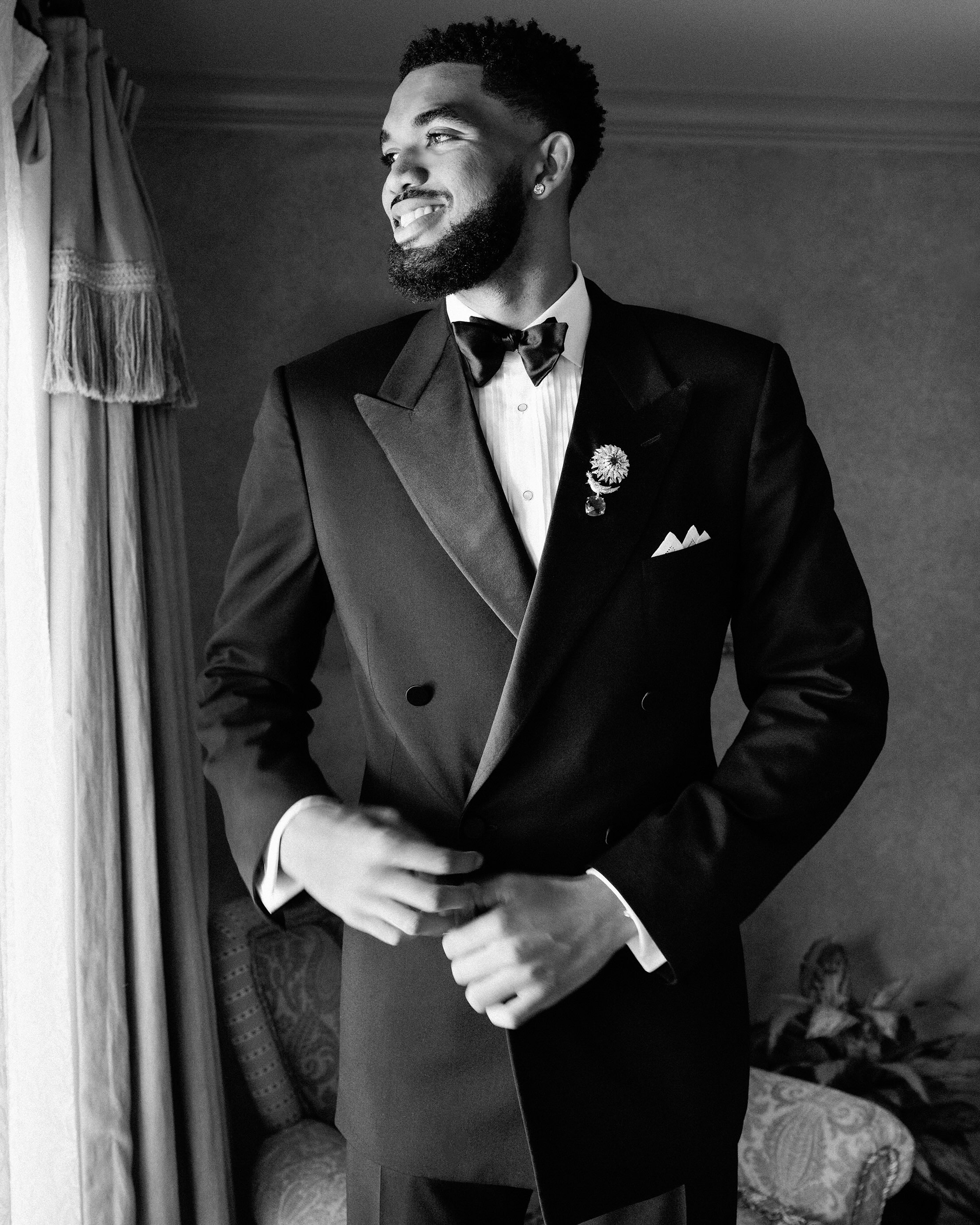 Karl Anthony Towns in a Made to Measure Ralph Lauren Purple Label barathea tuxedo at his Malibu wedding.