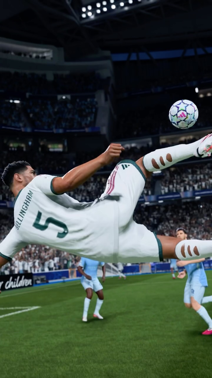 Digital Jude Bellingham performs a bicycle kick in Real Madrid FC 27 game imagery.