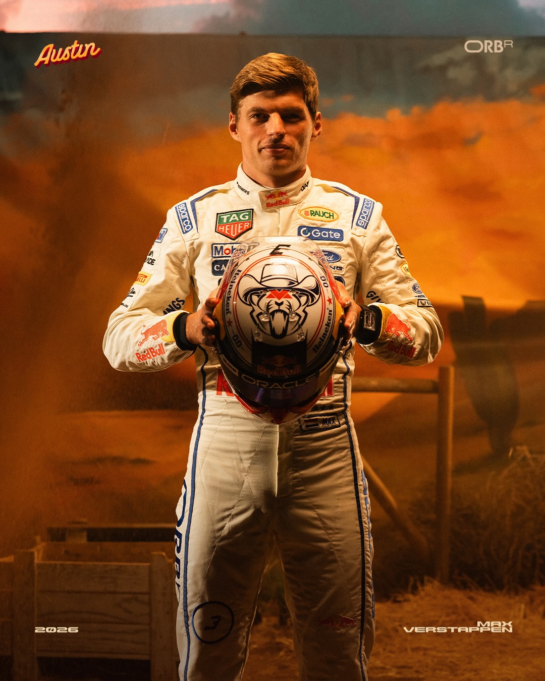 Max Verstappen's white Austin helmet with a cowboy hat on the lion logo and denim at the front.