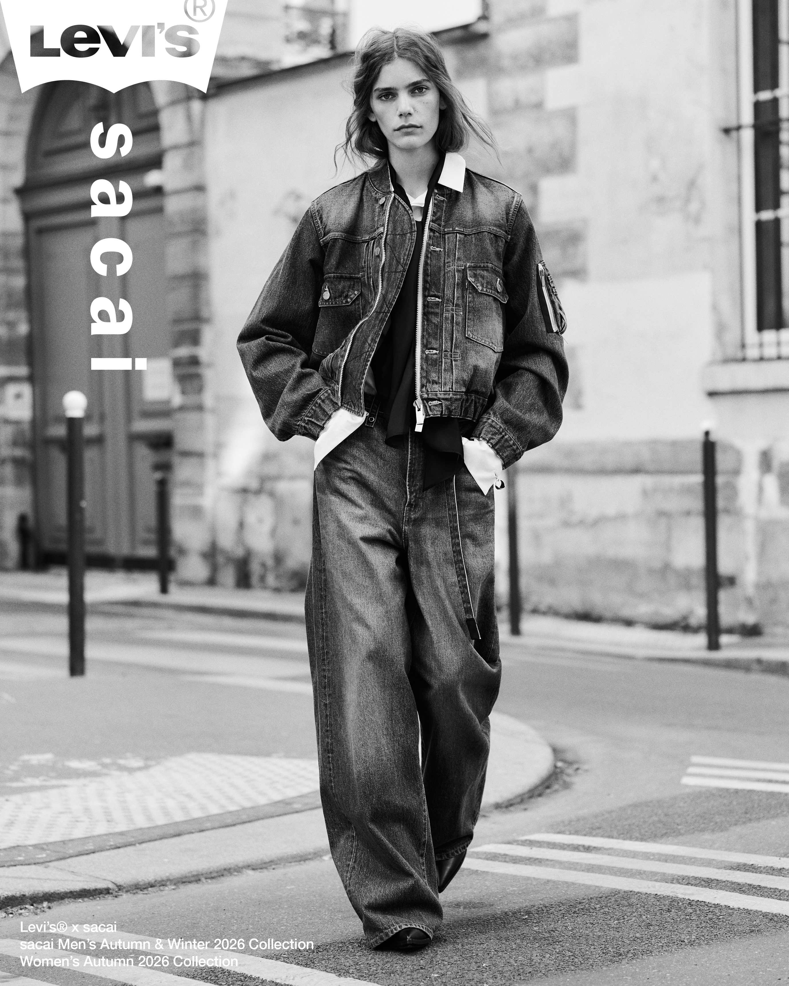 Betsy Gaghan wears layered indigo denim and wide trousers for Levi’s x sacai.
