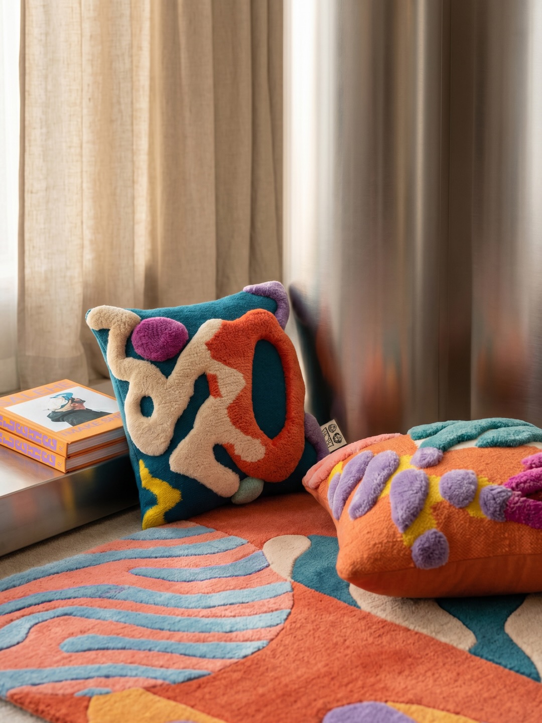 A tufted rug and pillow from the Salehe Bembury and Studio Proba Soft Imprints collection