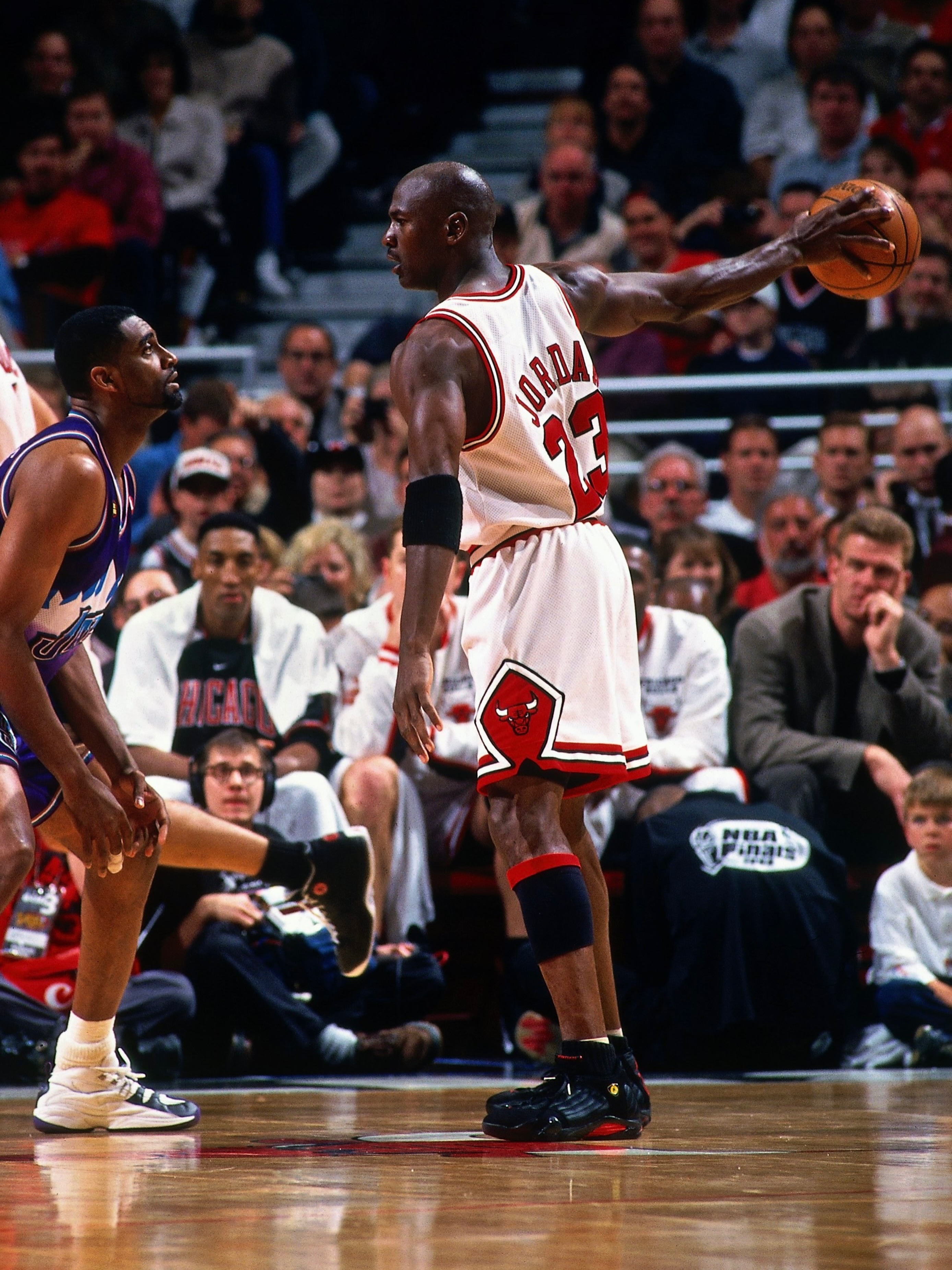 A pair of Air Jordan XIV sneakers, the shoe Michael Jordan wore in the 1998 NBA Finals
