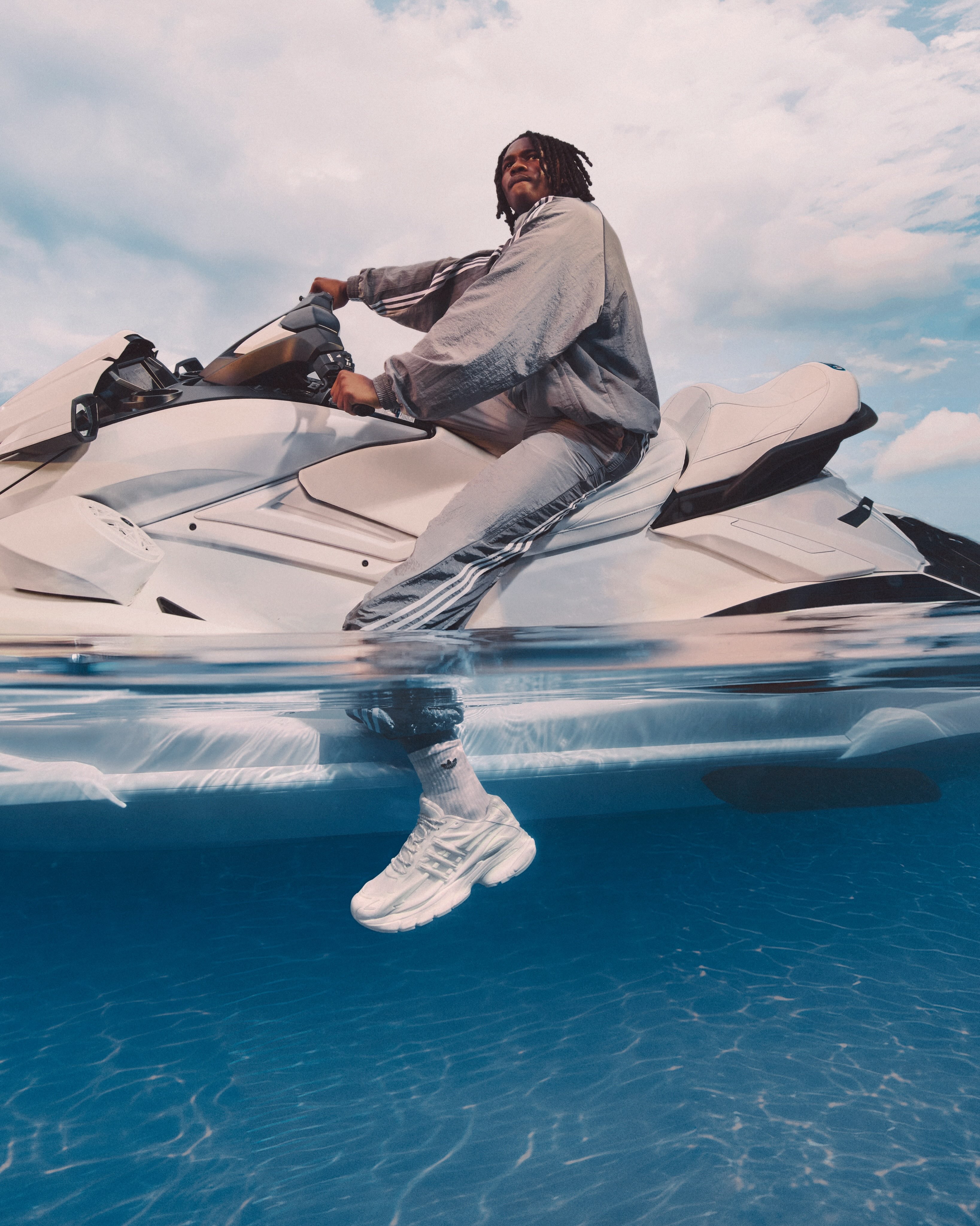 The adidas Pharrell Williams VIRGINIA Adistar Jellyfish in the Triple White colorway.