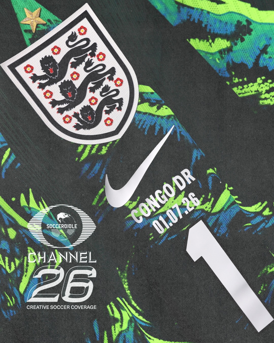 Jordan Pickford's special edition green Nike goalkeeper jersey worn for England against DR Congo at the 2026 World Cup.
