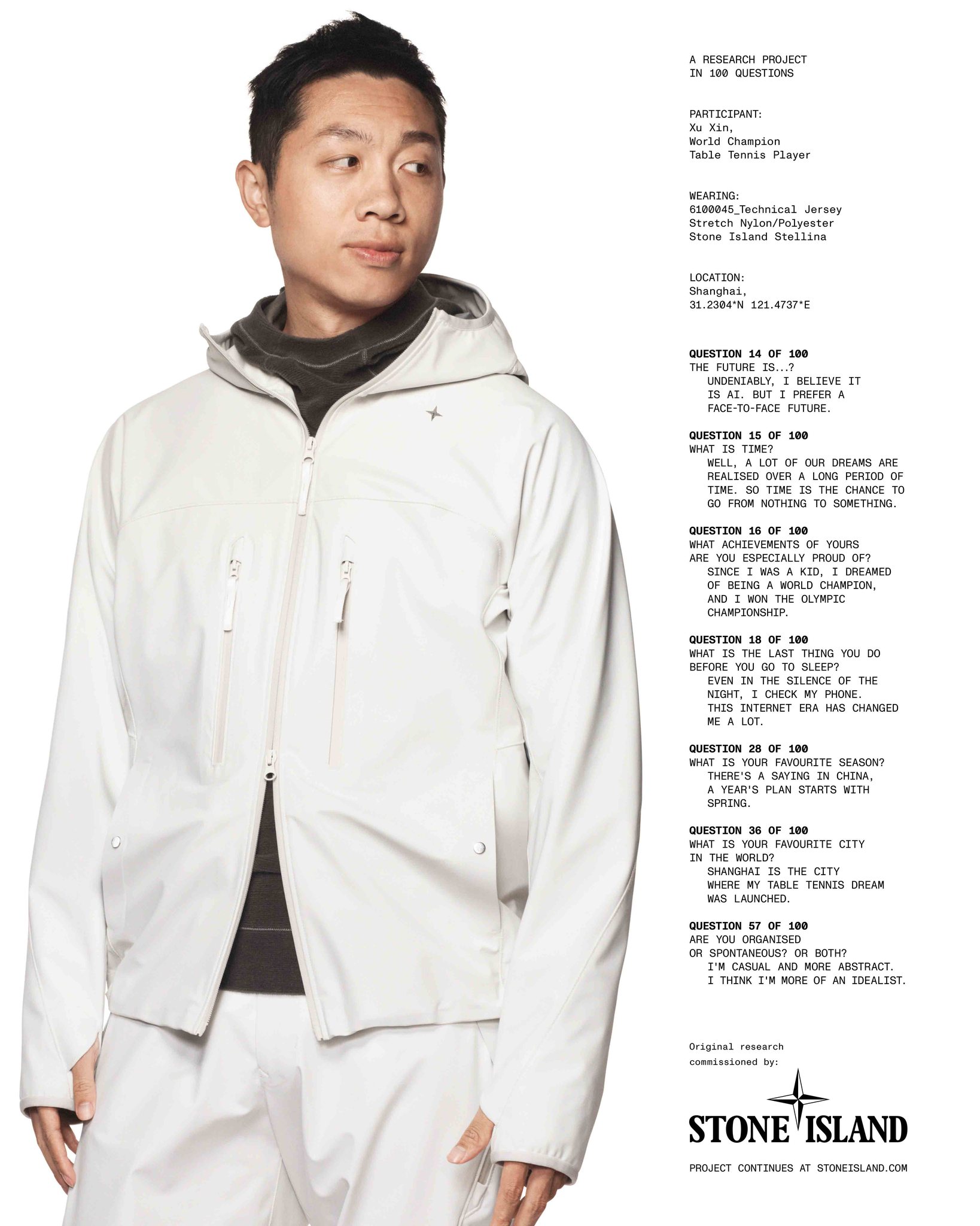 Xu Xin photographed by David Sims wearing Stone Island's Stellina zip up hooded jersey for the Community as a Form of Research campaign.