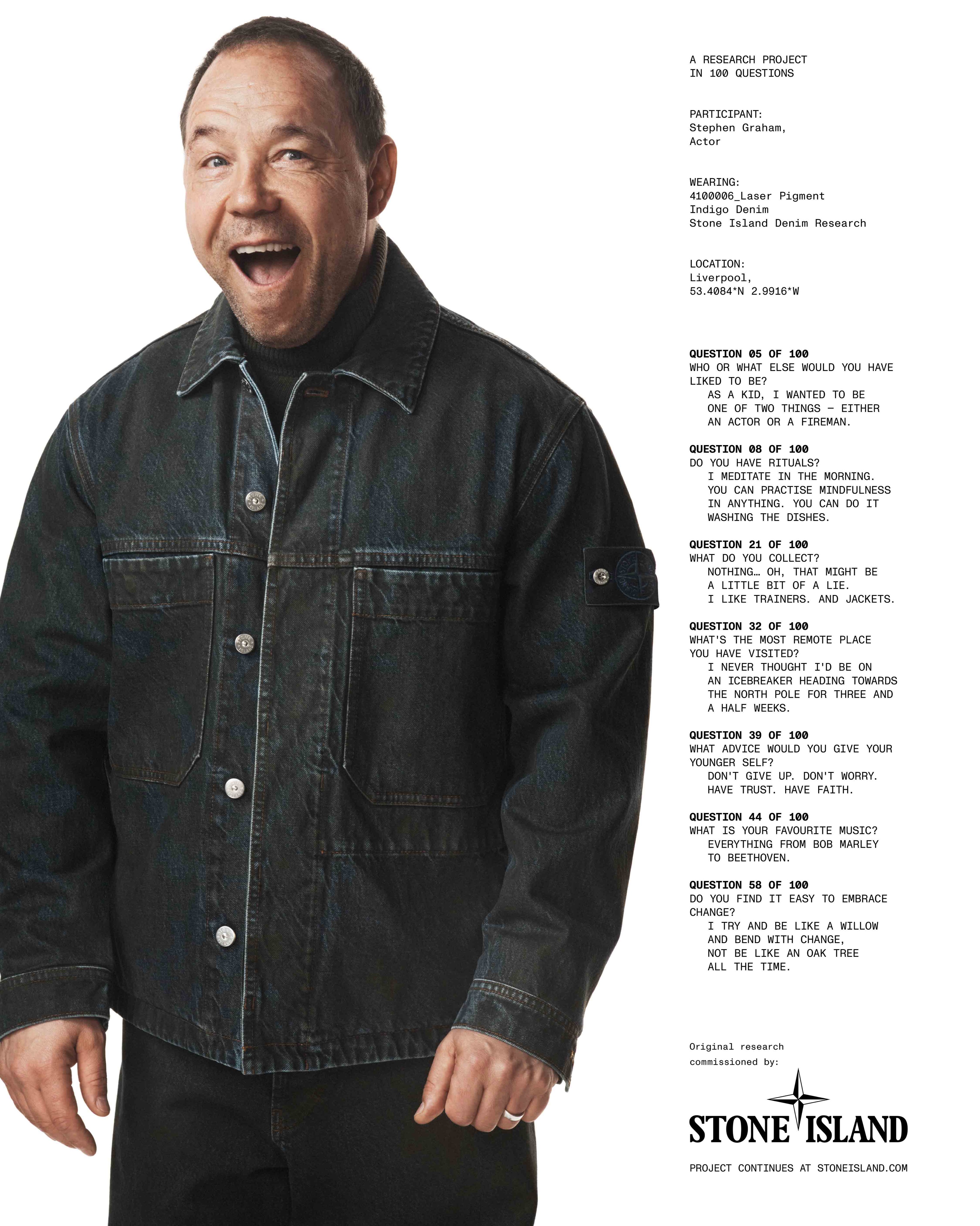 Stephen Graham wearing the Stone Island 4100006 Laser Pigment Indigo Denim jacket