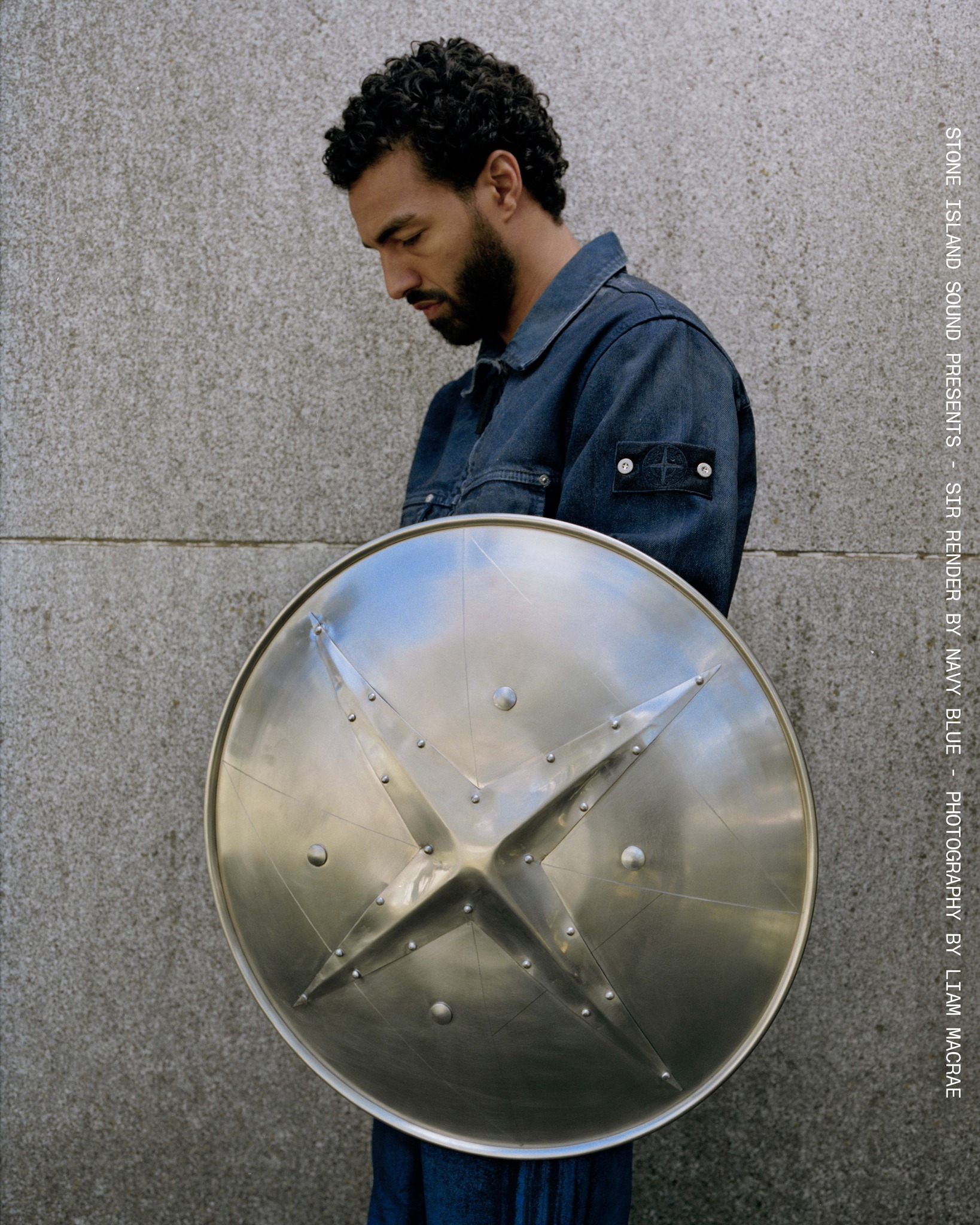 Chainmail bust and Stone Island Star engraved shield artwork for Navy Blue's Sir Render, created by Liam MacRae.