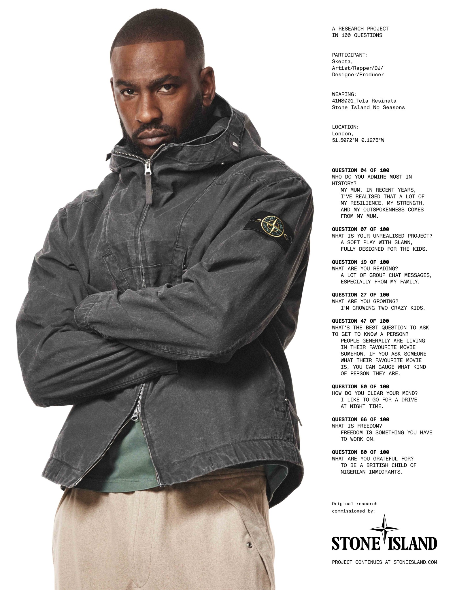 Skepta in Stone Island's 41NS001 Tela Resinata No Seasons hooded jacket, photographed by David Sims.