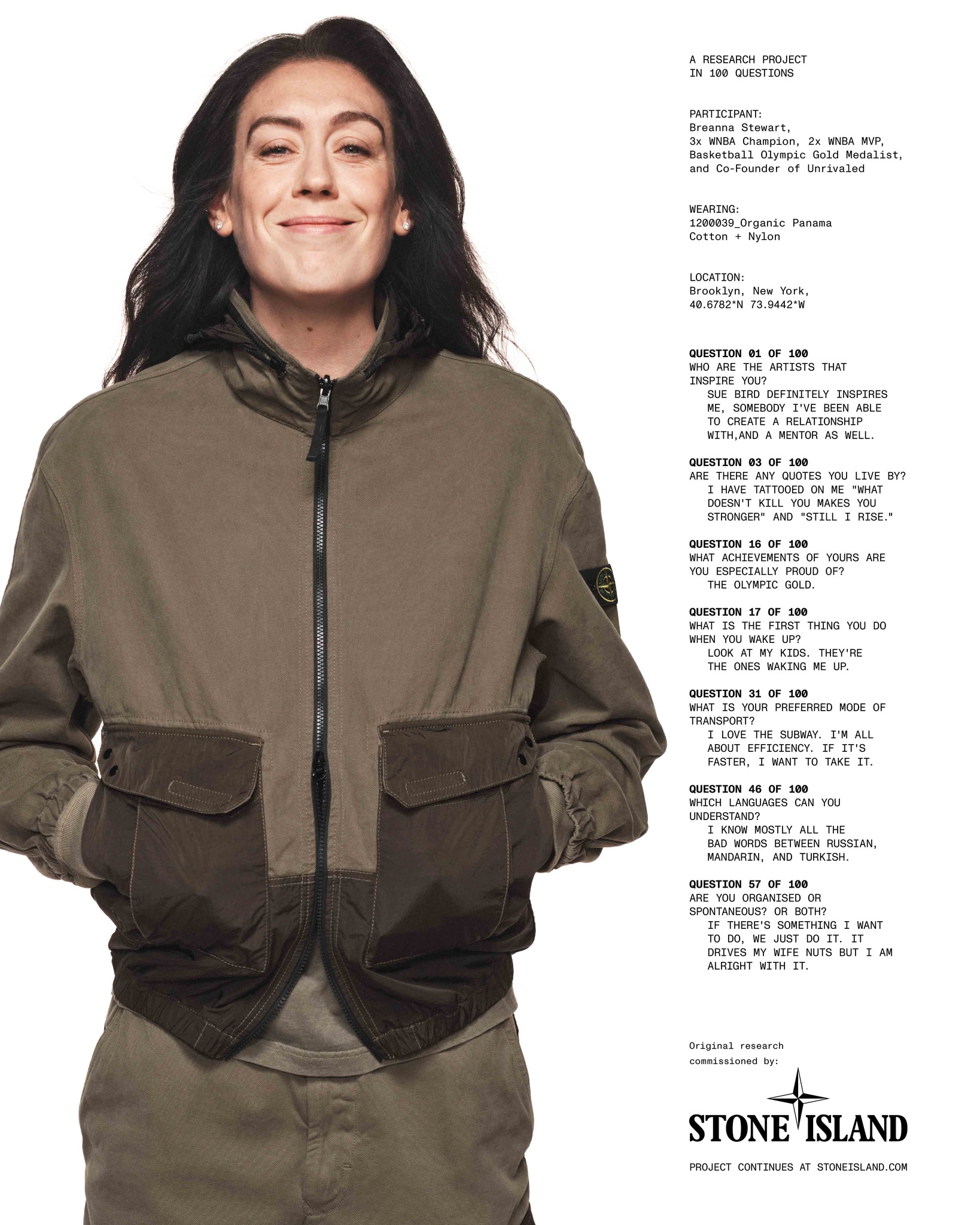 Breanna Stewart wearing Stone Island's organic panama cotton overshirt from the Autumn Winter 026 collection.