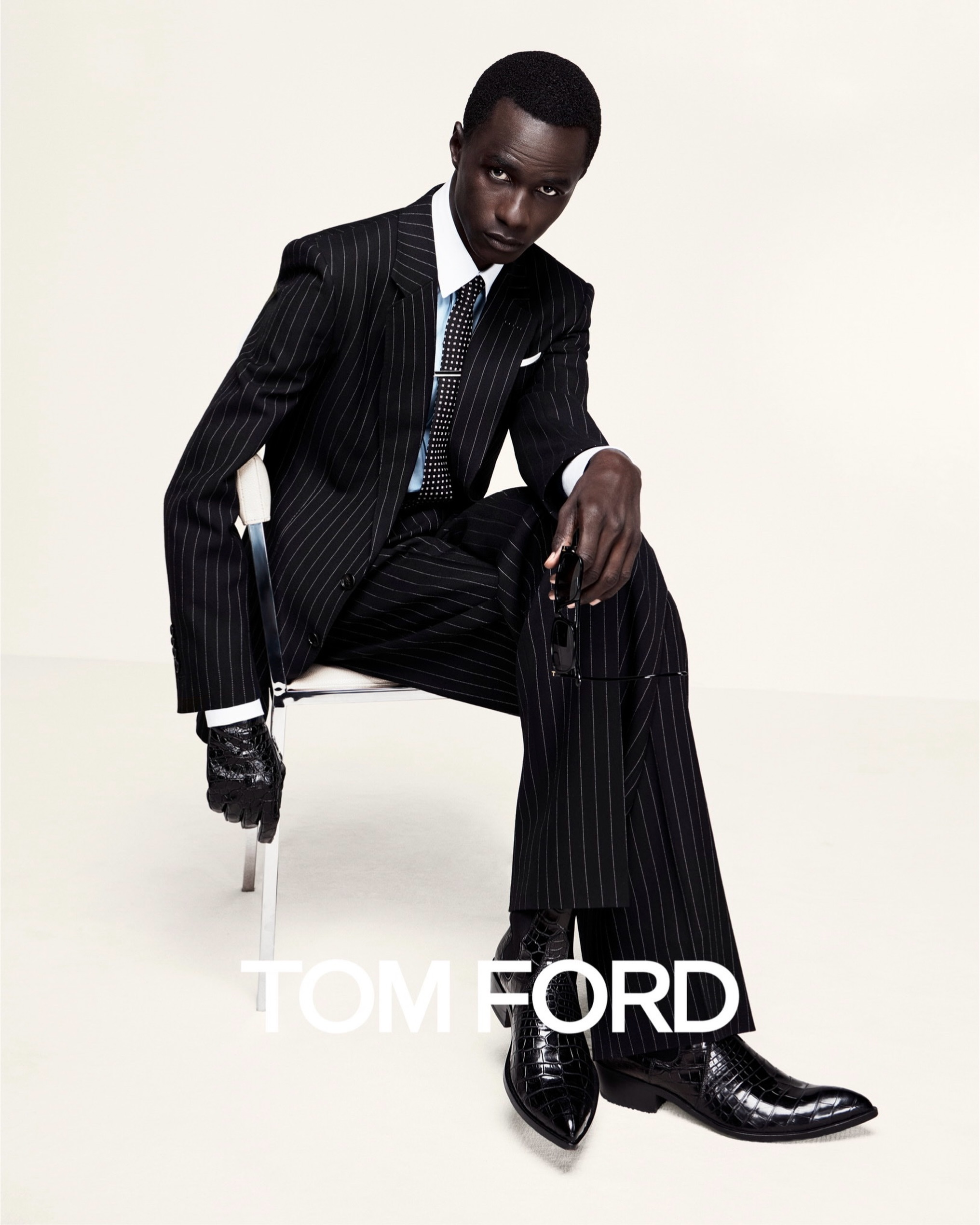 A look from the Tom Ford Autumn Winter 2026 campaign by Haider Ackermann, captioned TFAW26.