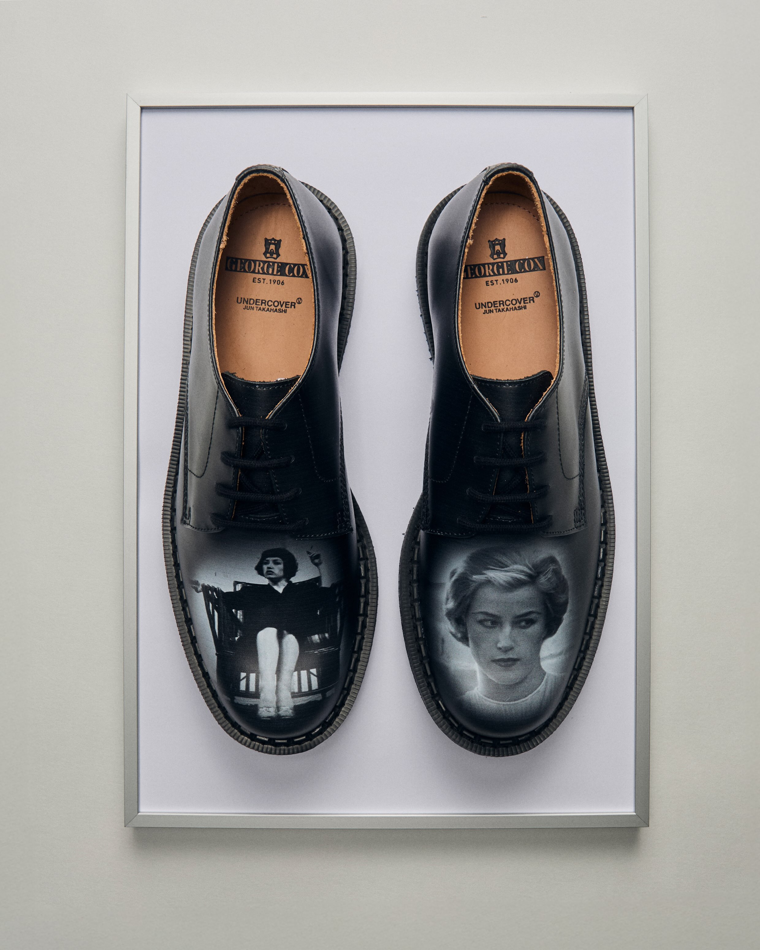 The UNDERCOVER x George Cox 4 Eyelet Derby with Cindy Sherman self portrait artwork from the 100% KHAOTIQUE NOIR collection