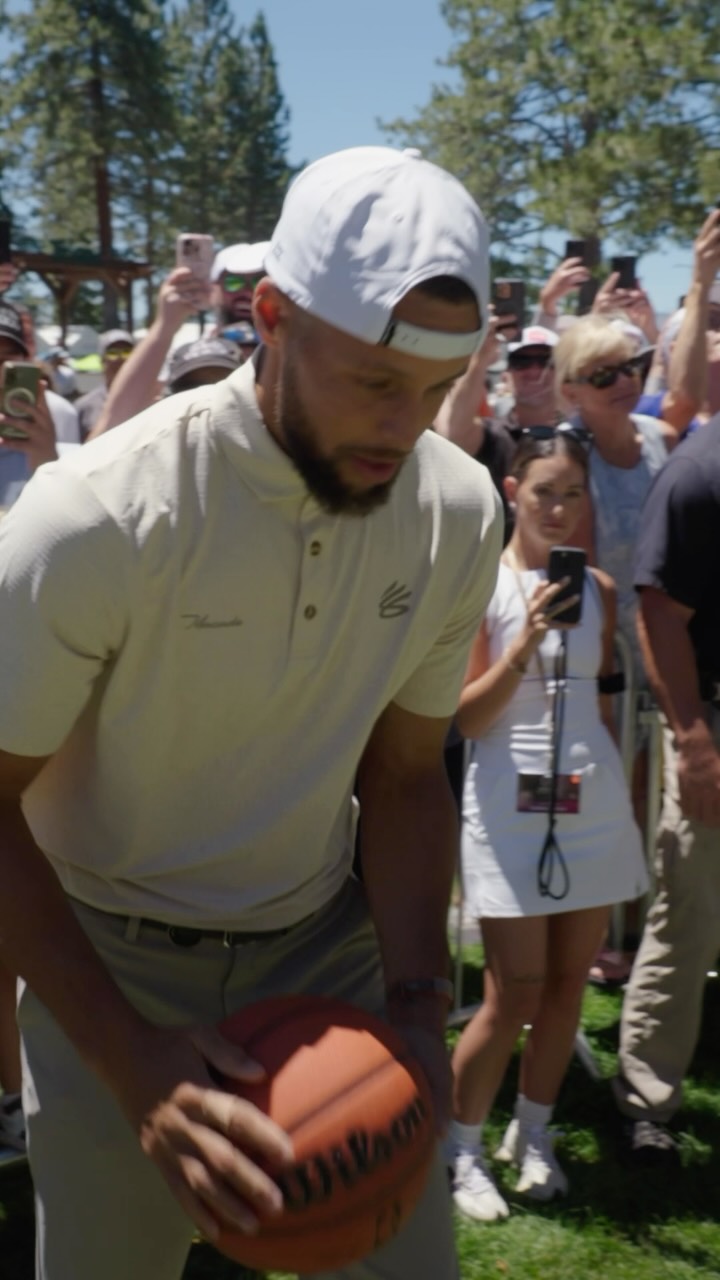 Stephen Curry pictured in a Golden State Warriors clip comparing his basketball shot and golf swing.
