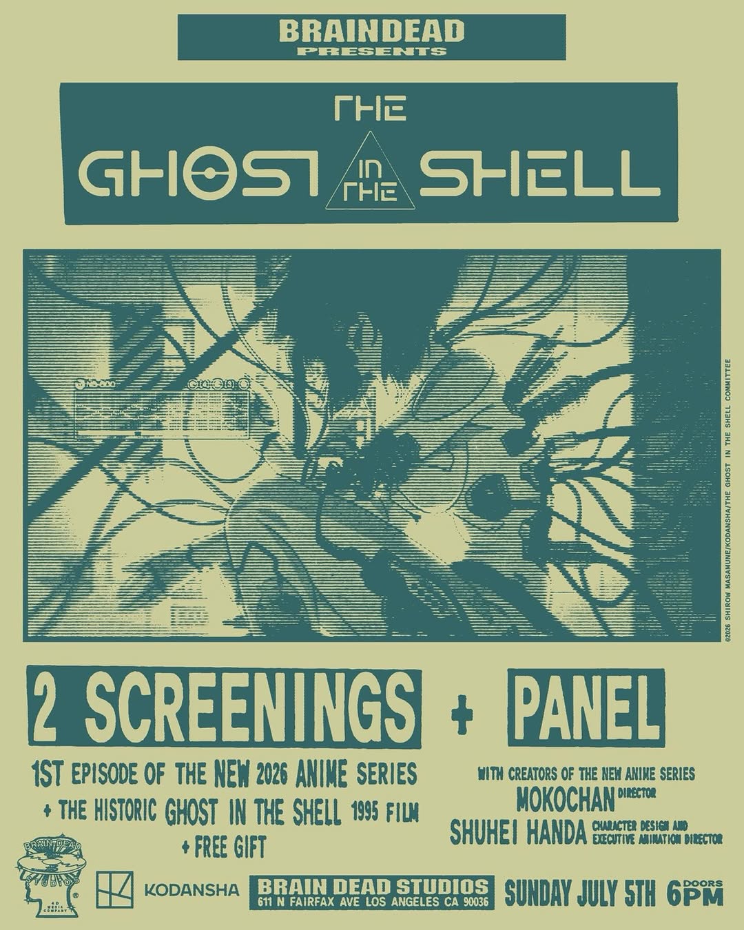 Brain Dead Studios Fairfax Avenue Los Angeles event poster for Ghost in the Shell 2026 anime premiere and panel with Science SARU