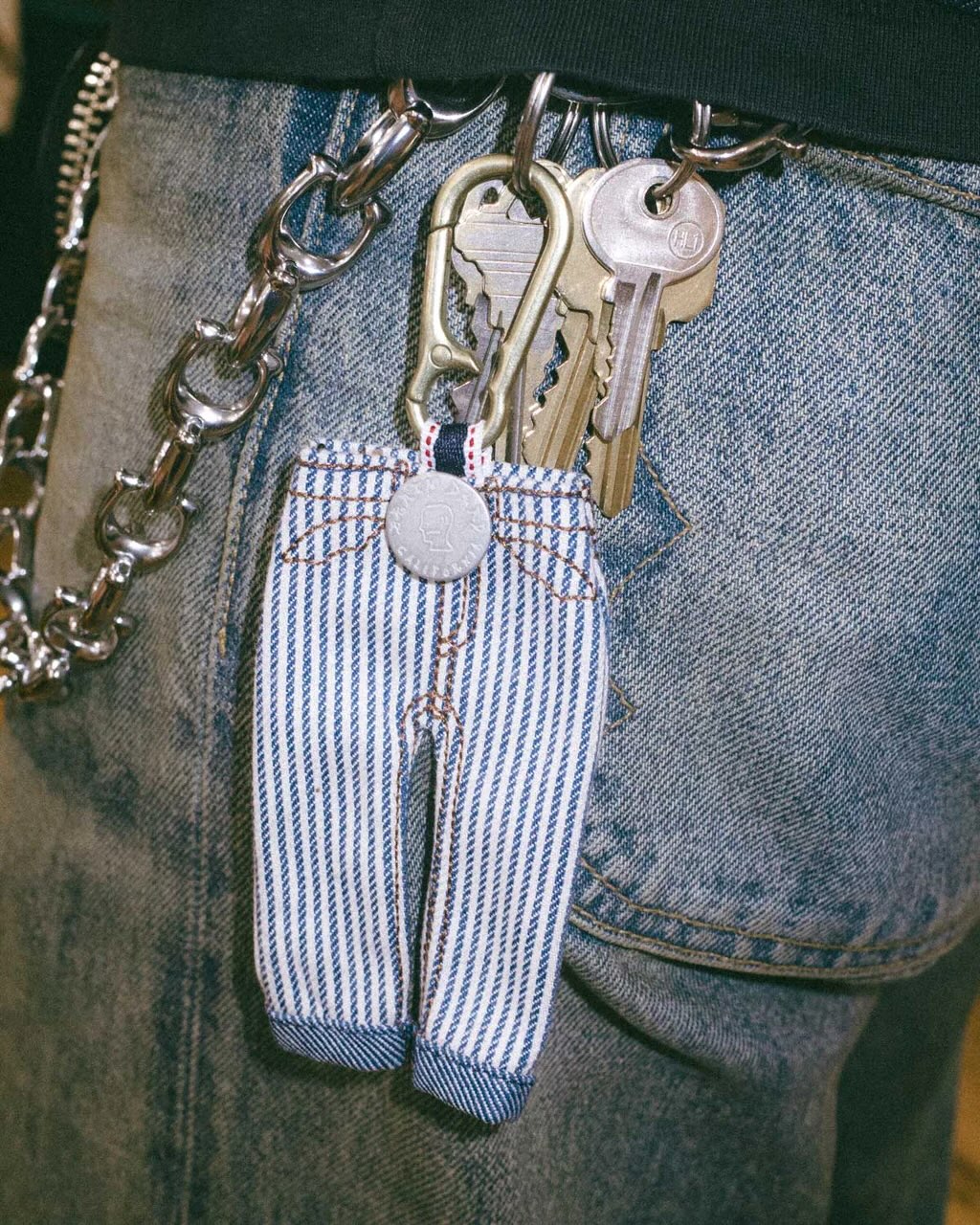 Brain Dead Type 00 Denim Keychain Charm in Hickory Stripe railroad workwear fabric