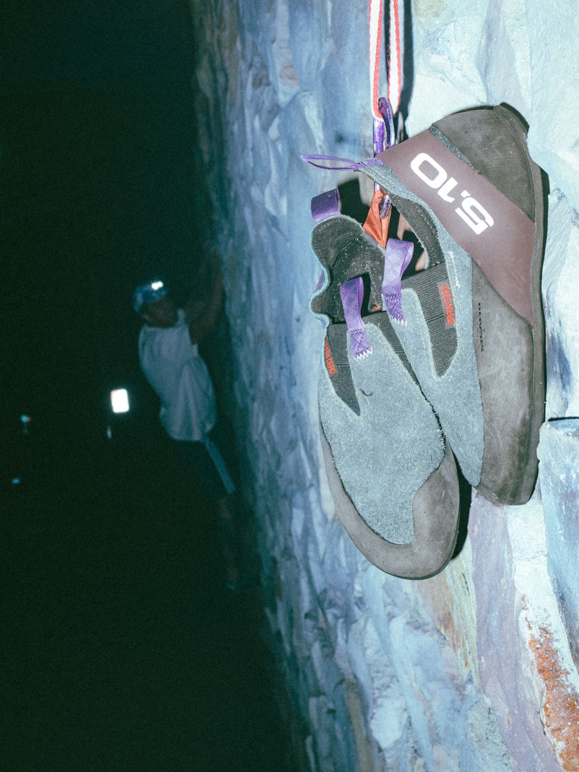 A climber mid route on Brain Dead's Golden Gate Wall Traverse session under Highway 24 in the Bay Area